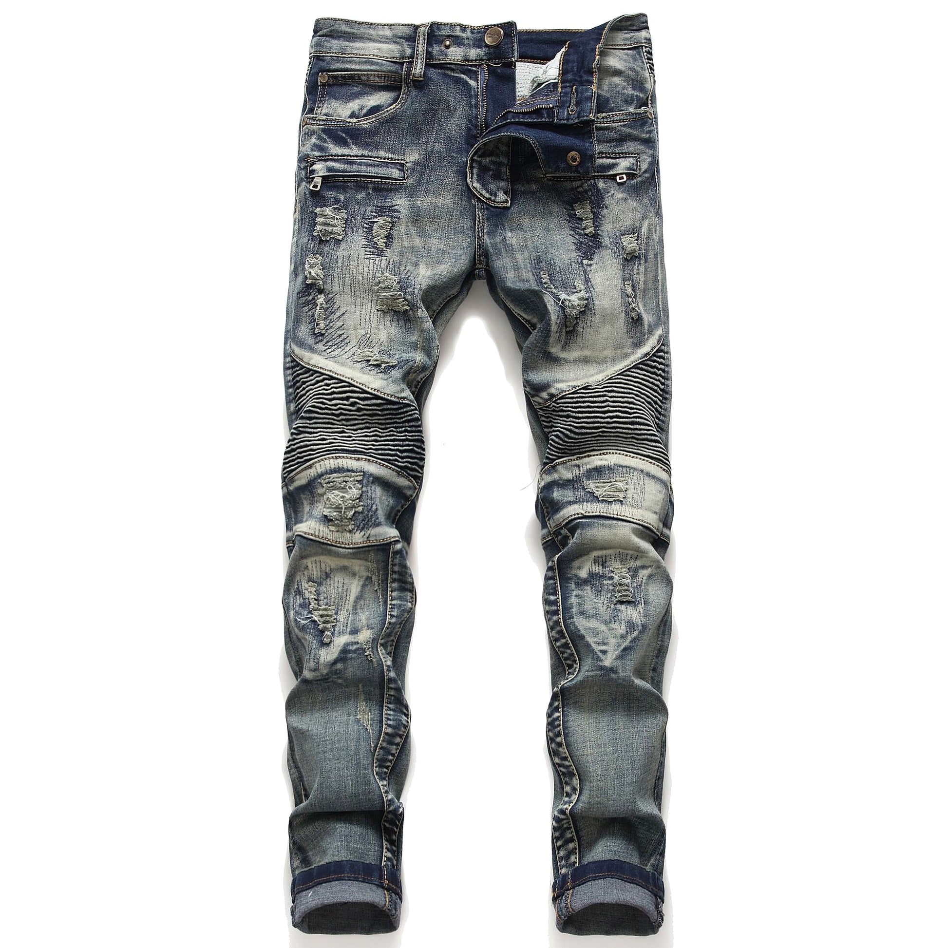 Retro Crumpled Hole Patch Elastic Straight Skinny Jeans - enhanced image 3