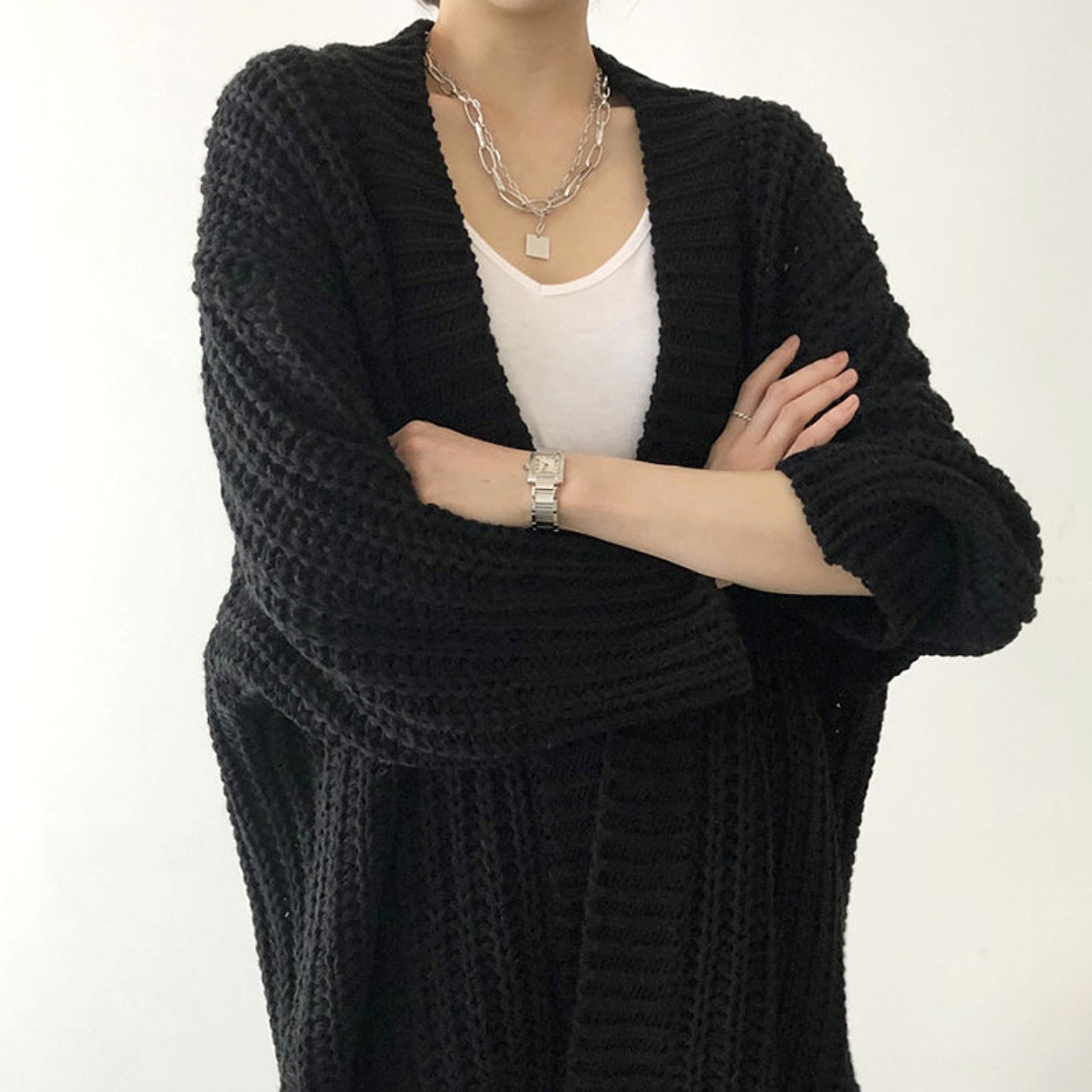 Retro Lazy Coat Loose Mid-length Sweater Jacket Women - enhanced image 3