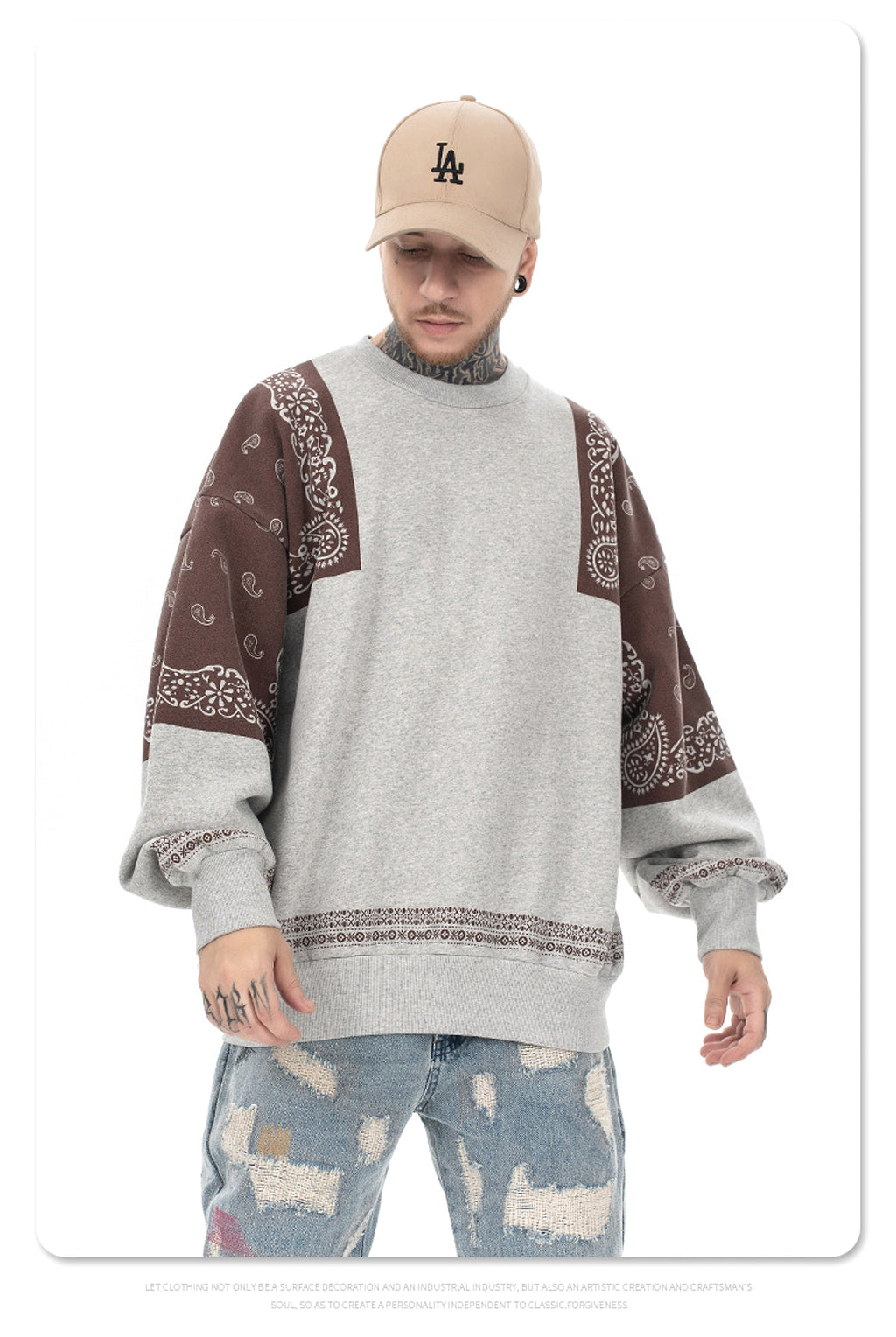Retro Paisley Stitching Fleece-lined Crew Neck Sweater - enhanced image 3
