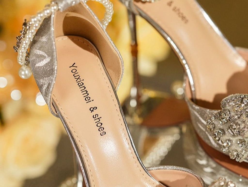 Rhinestone Bow Pointy Hollow Pearl Heels - enhanced image 3