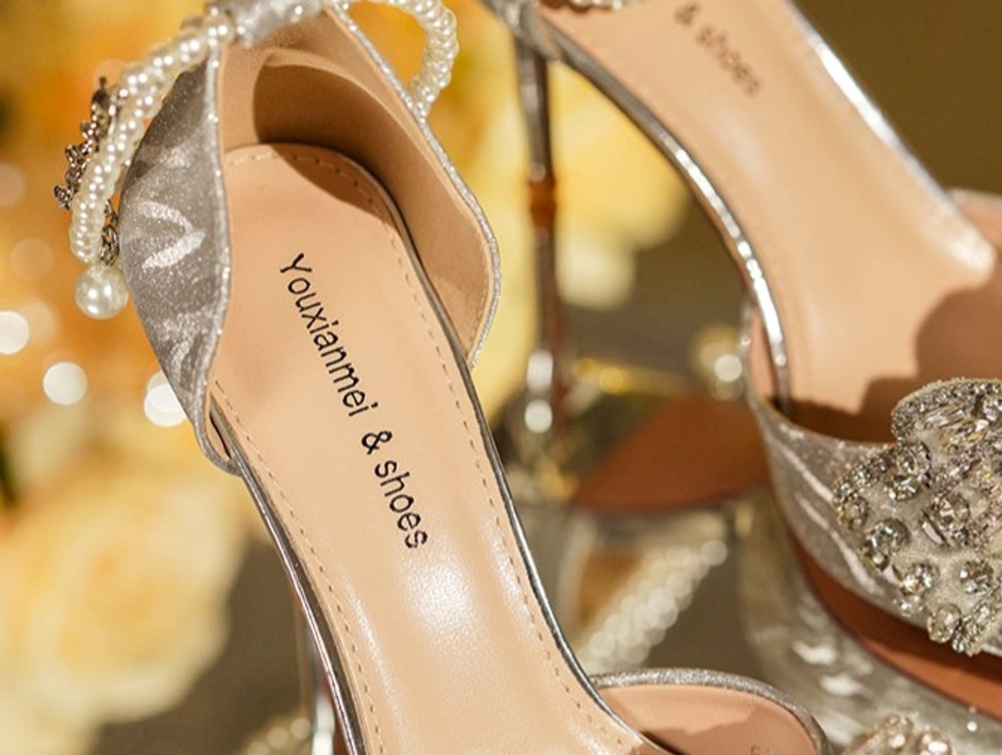 Rhinestone Bow Pointy Hollow Pearl Heels - enhanced image 3
