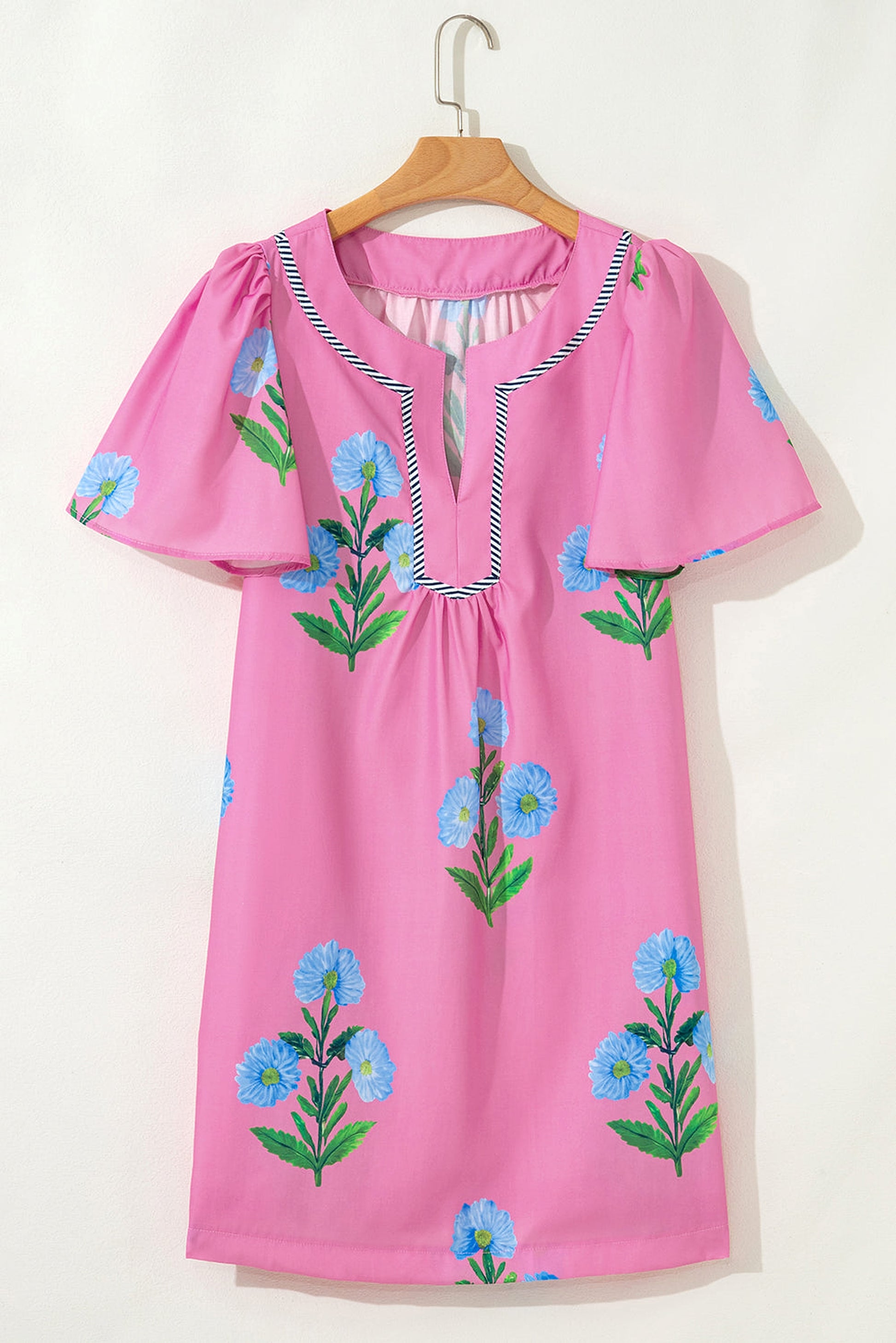 Rose Floral Short Sleeve Split Neck Loose Mini Dress - enhanced image 3