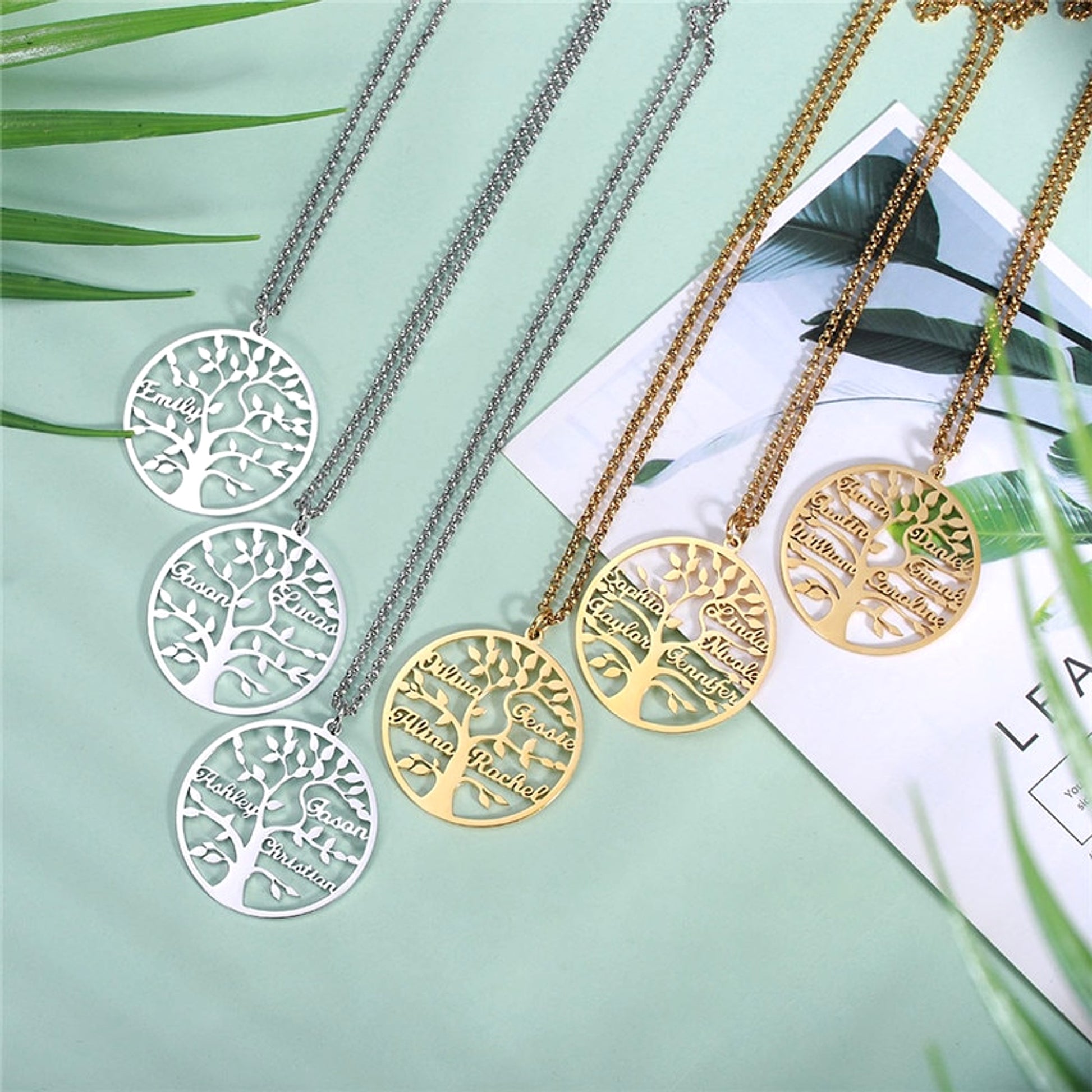 Rose Gold Family Tree Name Necklace Tree Of Life Stainless Steel Customised Necklace - enhanced image 3