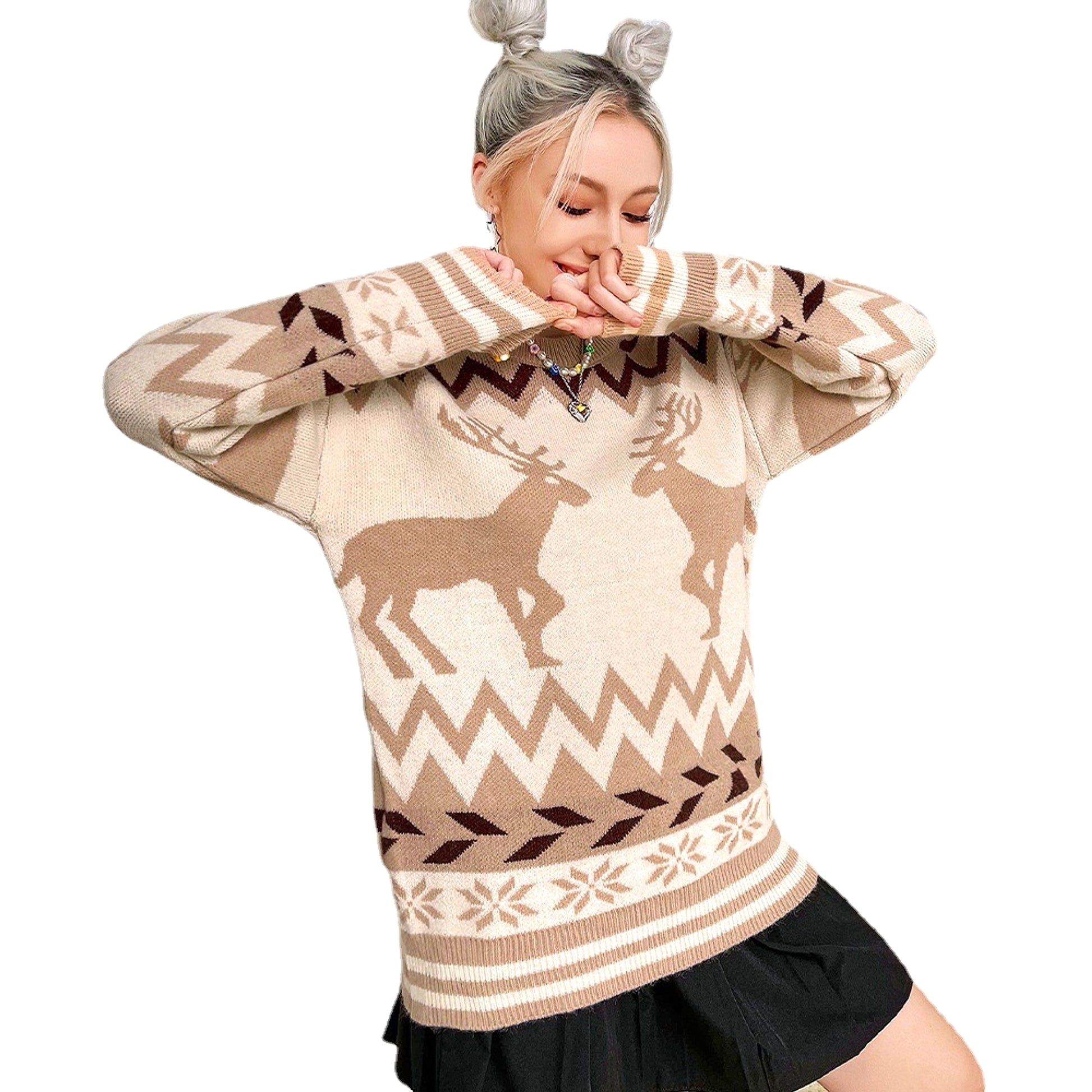 Round Neck Pullover Elk Style Women's Knitted Sweater Women - enhanced image 3