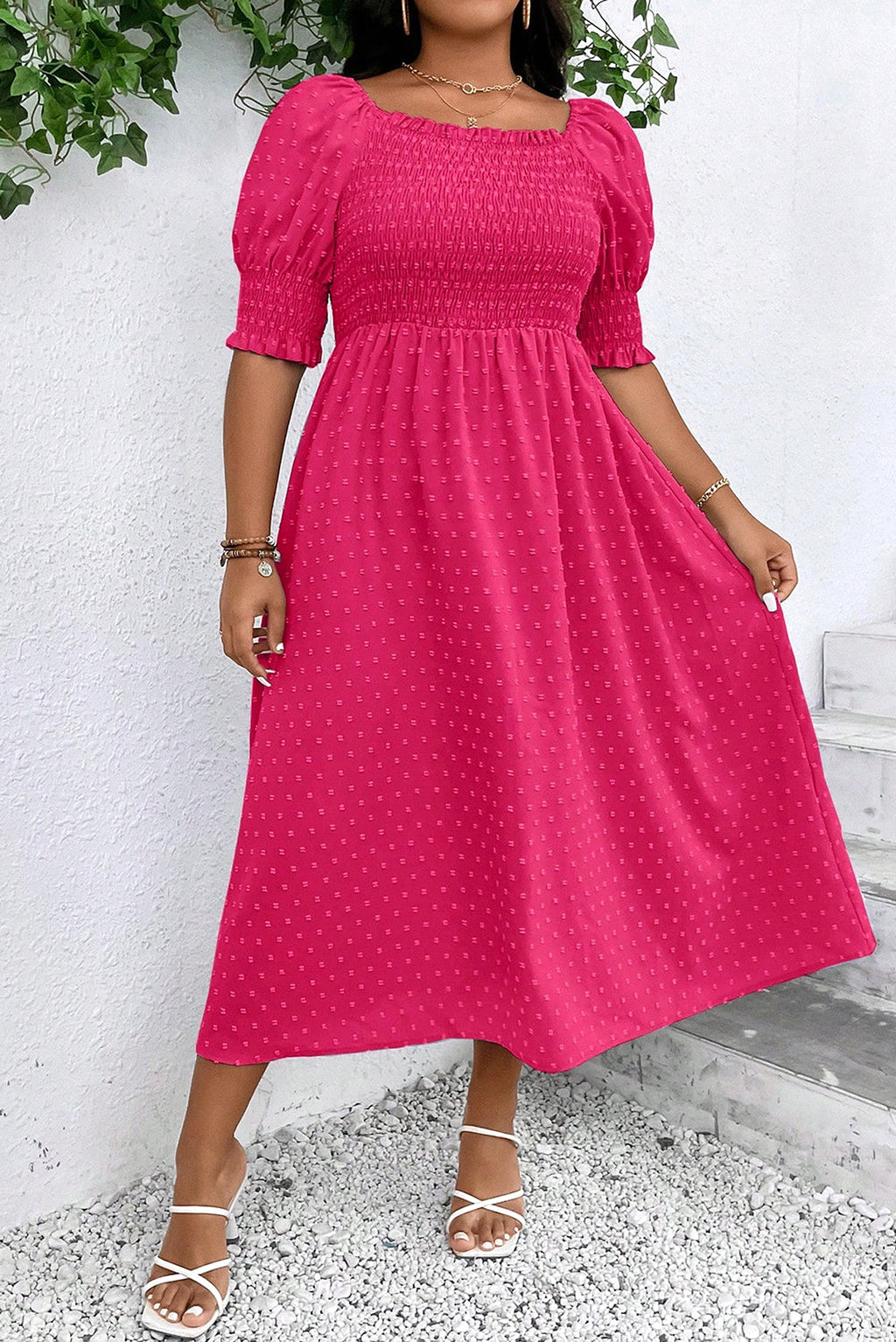 Sachet Pink Swiss Dot Smocked Frilled Neckline Short Sleeve Plus Size Dress - enhanced image 3