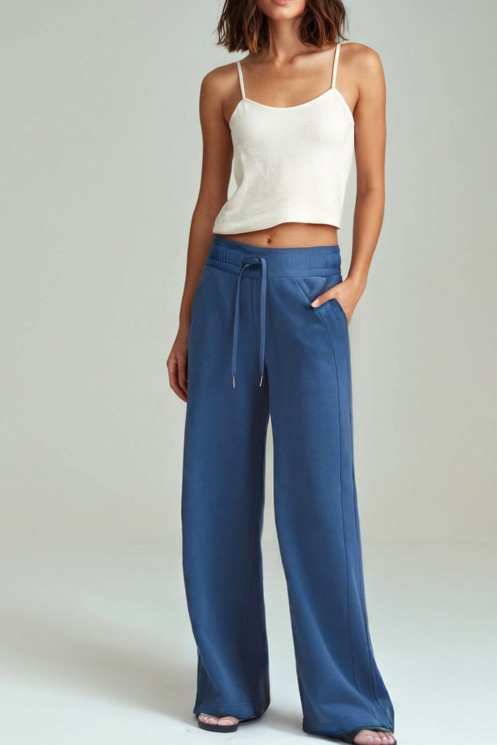 Sail Blue Drawstring High Waist Wide Leg Pocketed Sweatpants - enhanced image 3
