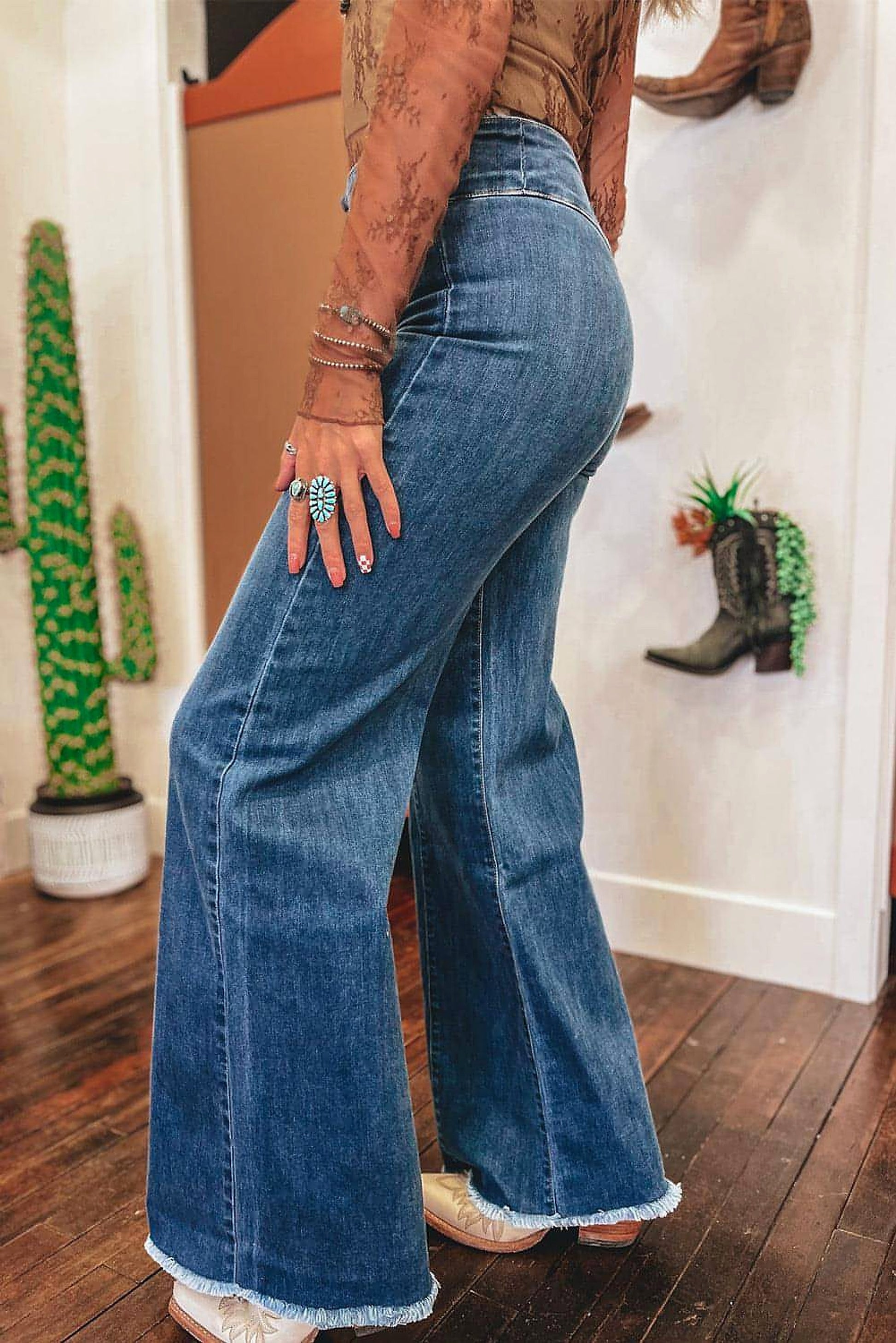 Sail Blue High Waist Button Fly Seamed Raw Hem Flare Jeans - enhanced image 3