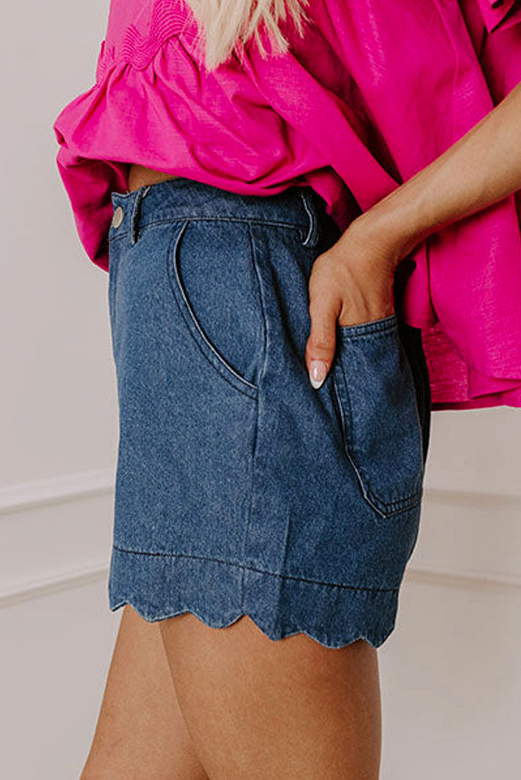 Sail Blue Scalloped Hemline Acid Wash High Waist Denim Shorts - enhanced image 3