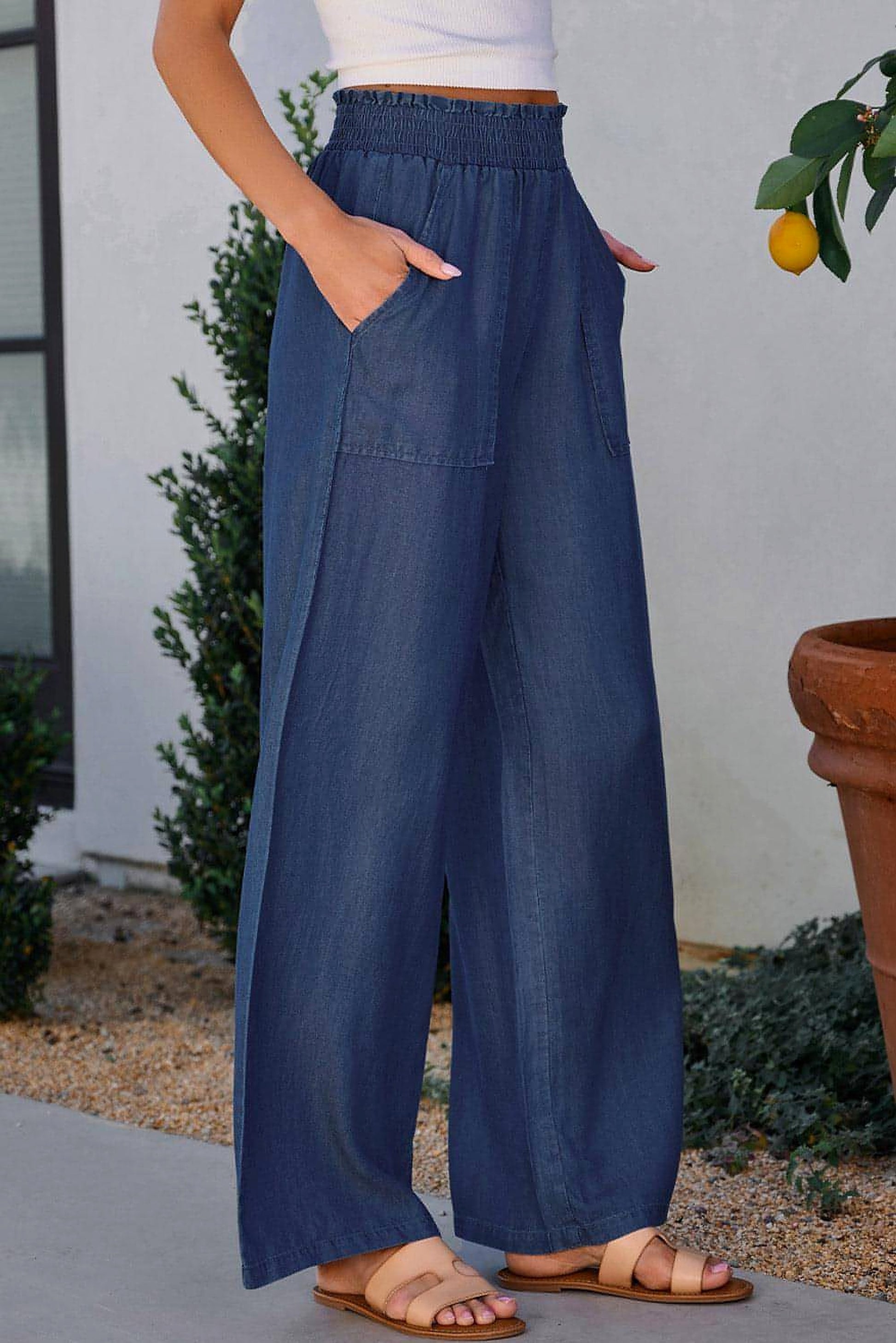 Sail Blue Side Pockets Frilled Smocked High Waist Wide Leg Jeans - enhanced image 3