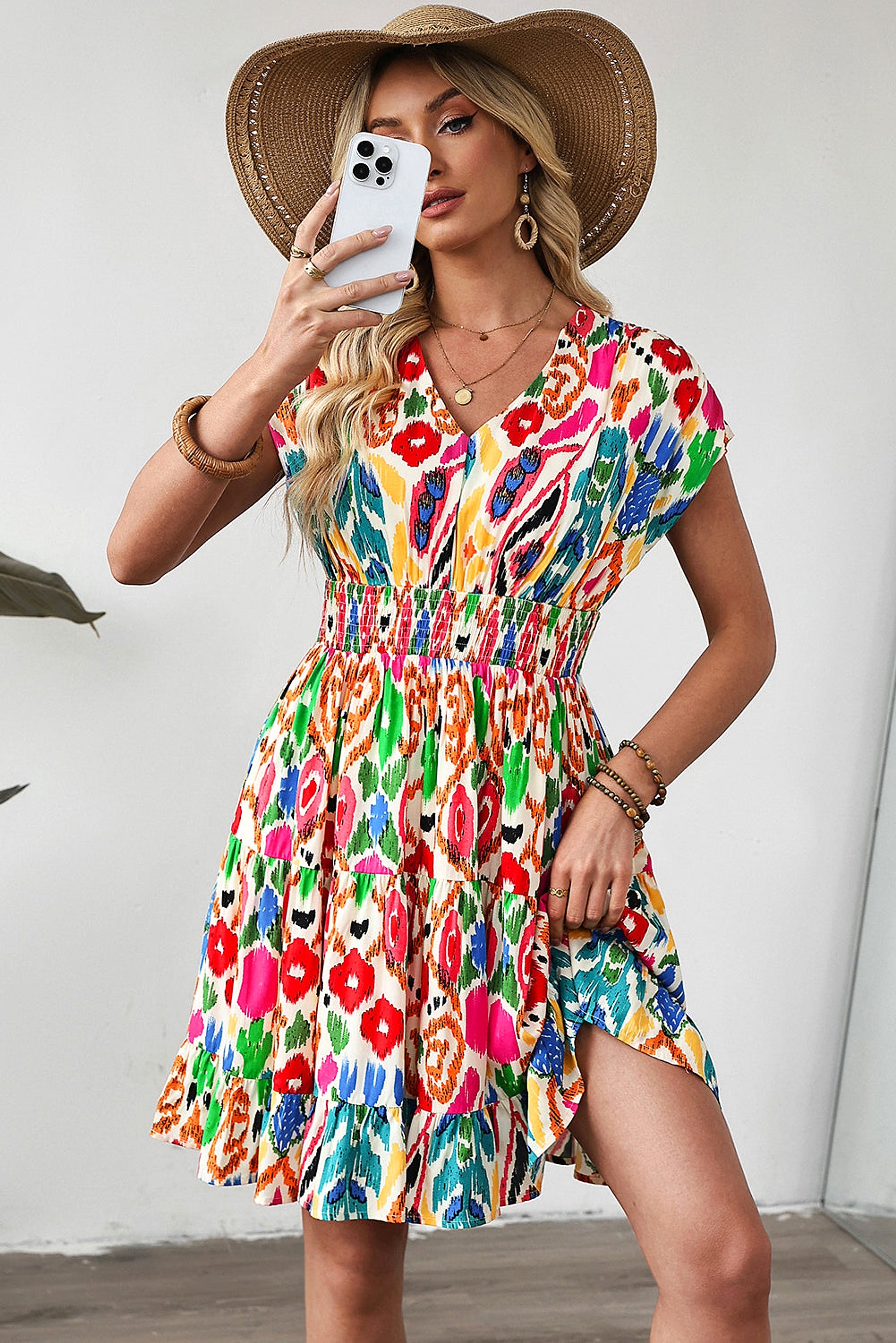 Sky Blue Abstract Print V Neck Dolman Sleeve Ruffle Tiered Mini Dress - enhanced image 3