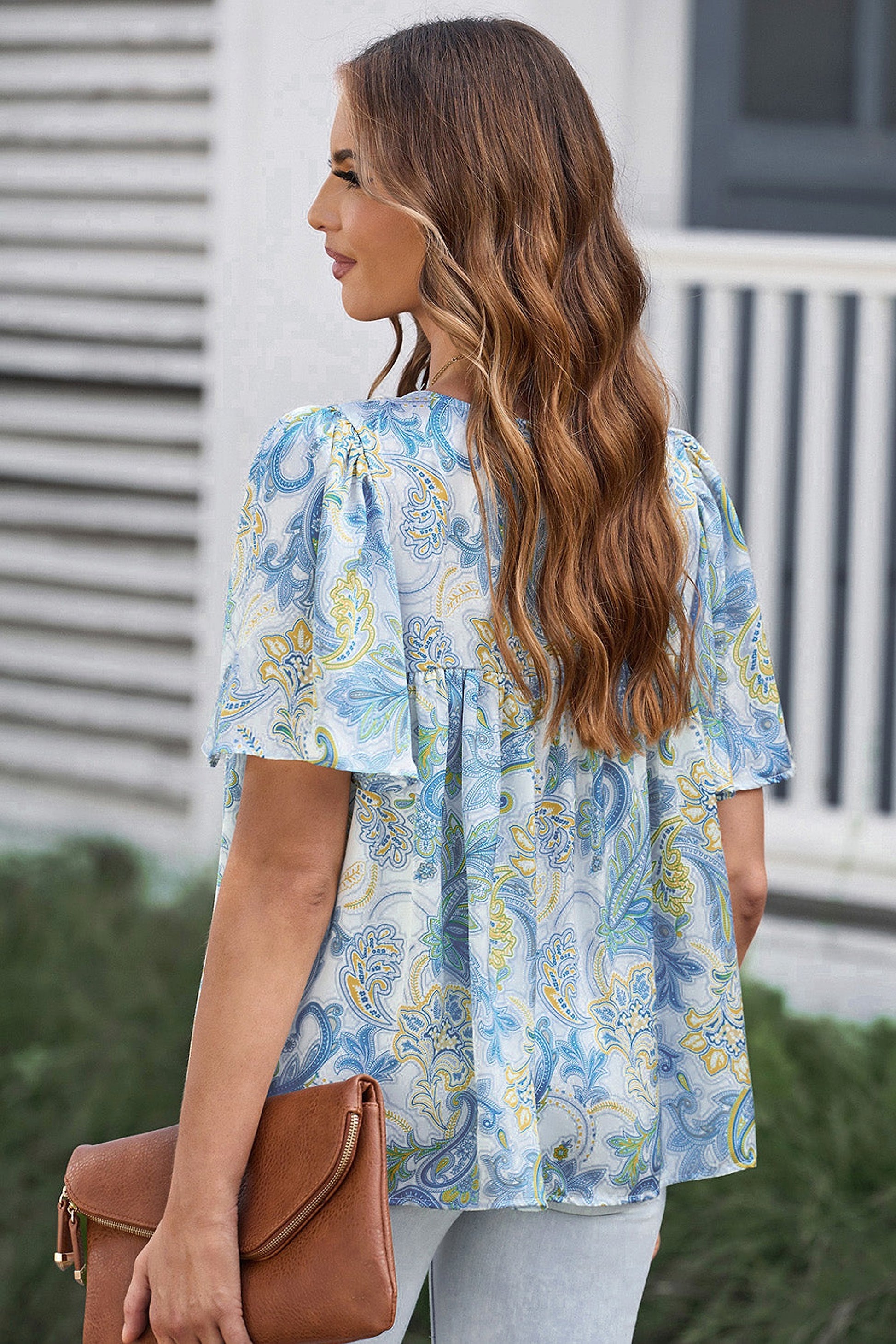Sky Blue Paisley Print Wide Sleeves Loose Blouse - enhanced image 3