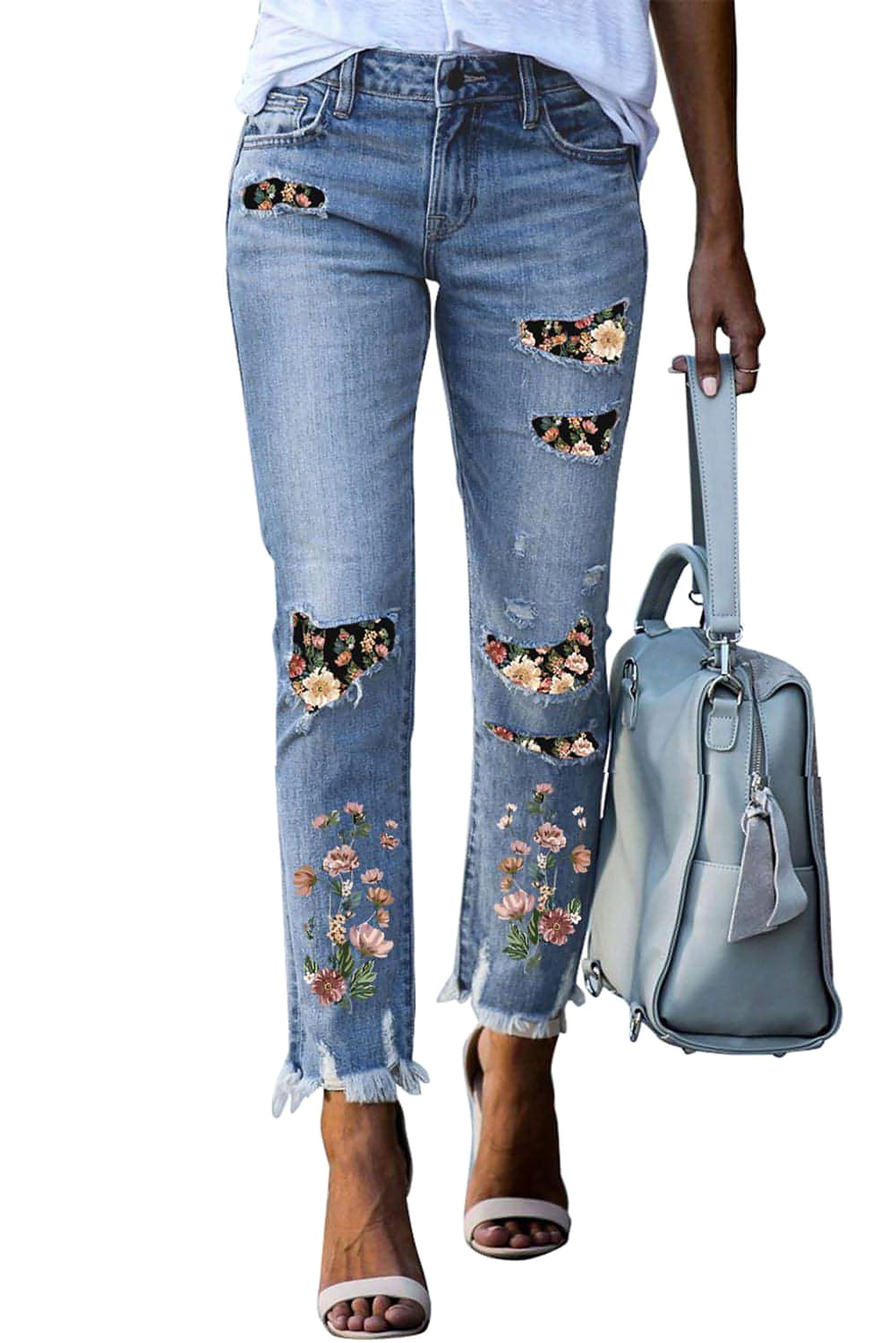 Sky Blue Printed Patch Ripped Skinny Jeans - enhanced image 3