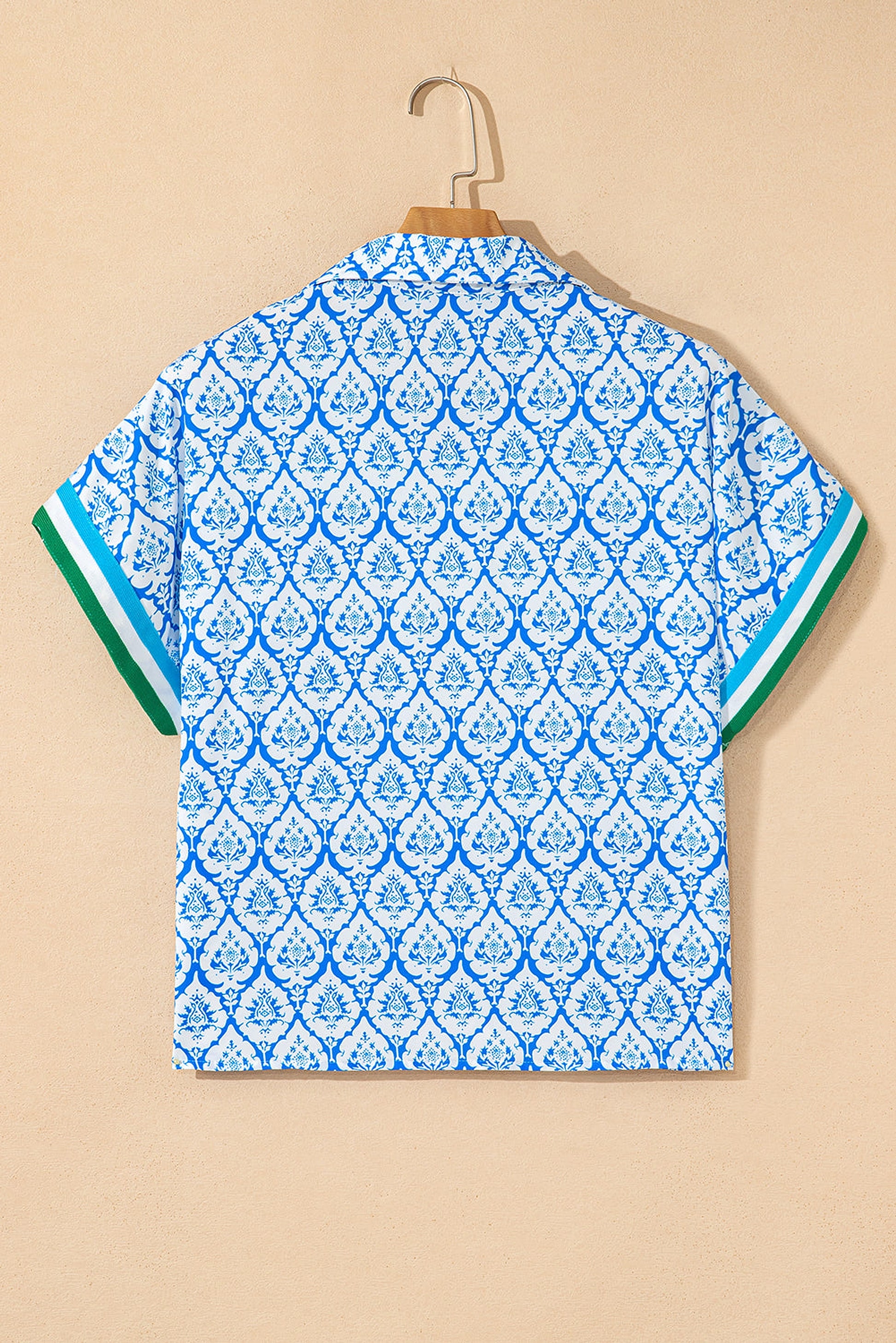 Sky Blue Western Print Zipped Collar Short Sleeve Summer Blouse Top - enhanced image 3