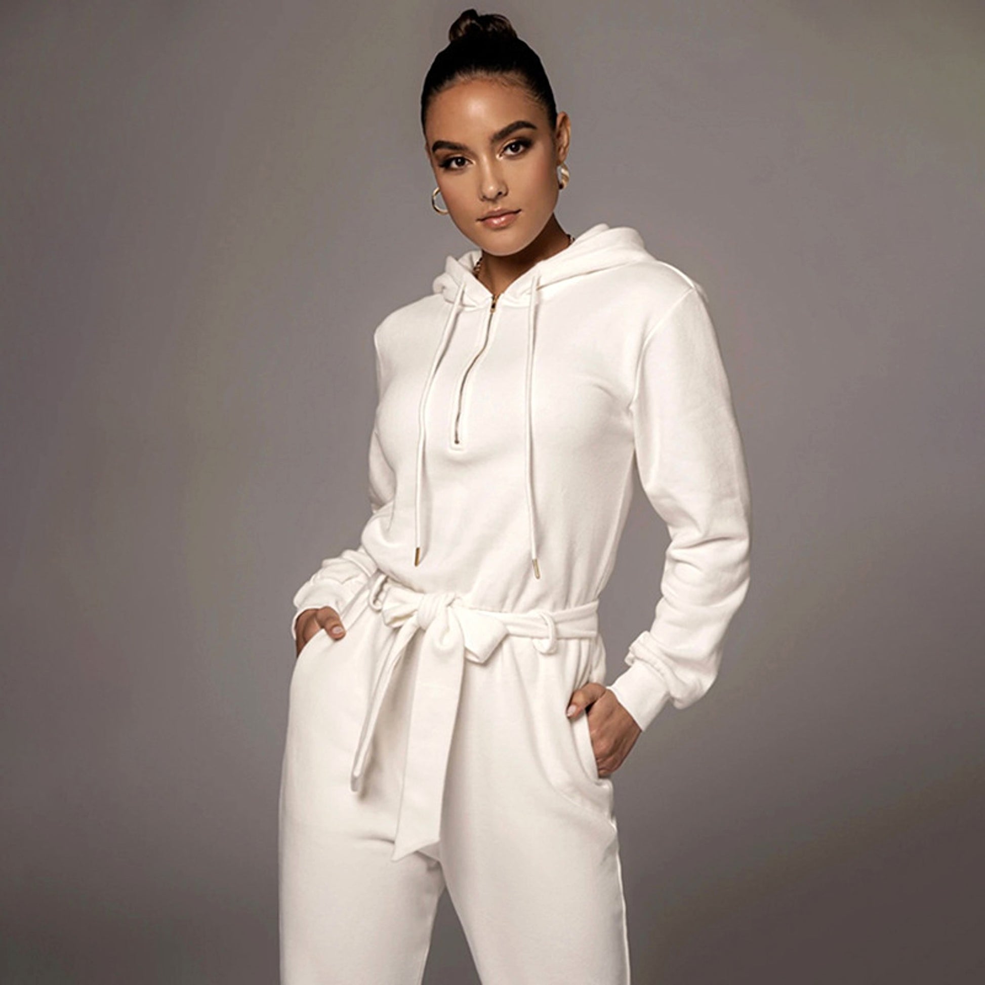 Slim-fit Long Sleeve Solid Color Hooded Half-open Collar Urban Leisure Women's Jumpsuit - enhanced image 3