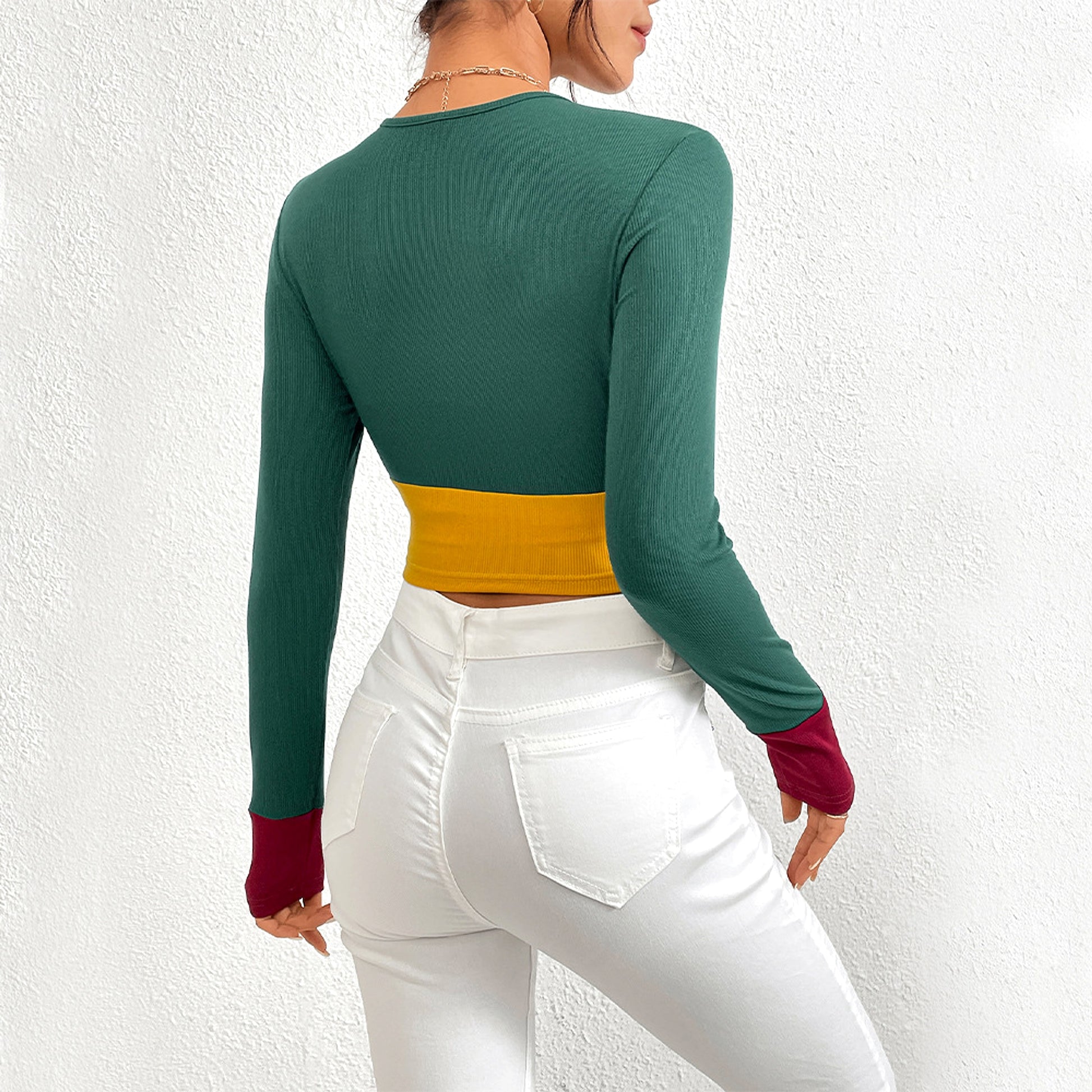 Slim Fit O-neck Short Stitching Long Sleeve T-shirt Women - enhanced image 3