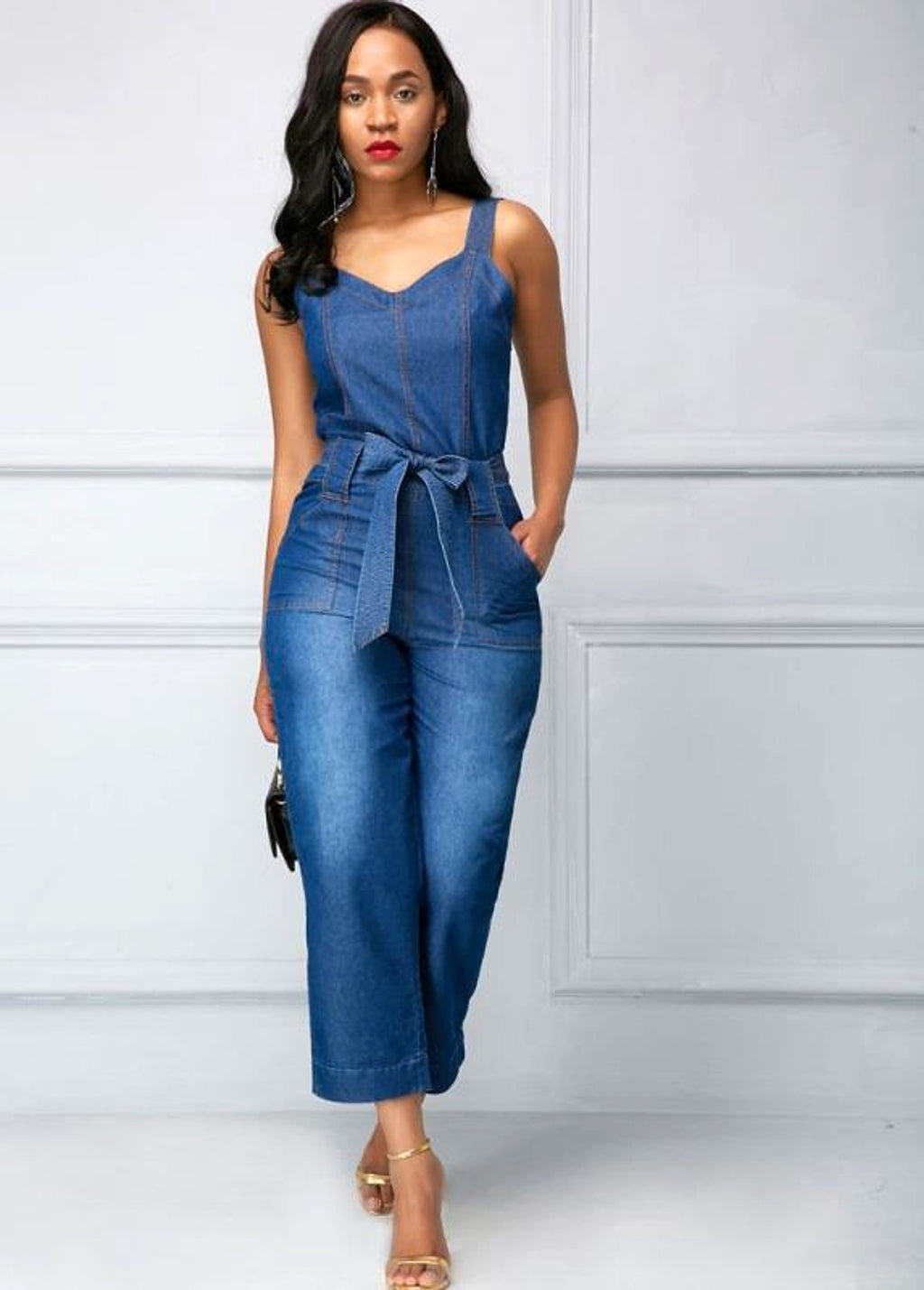 Sling Bowknot Denim Jumpsuit - enhanced image 3