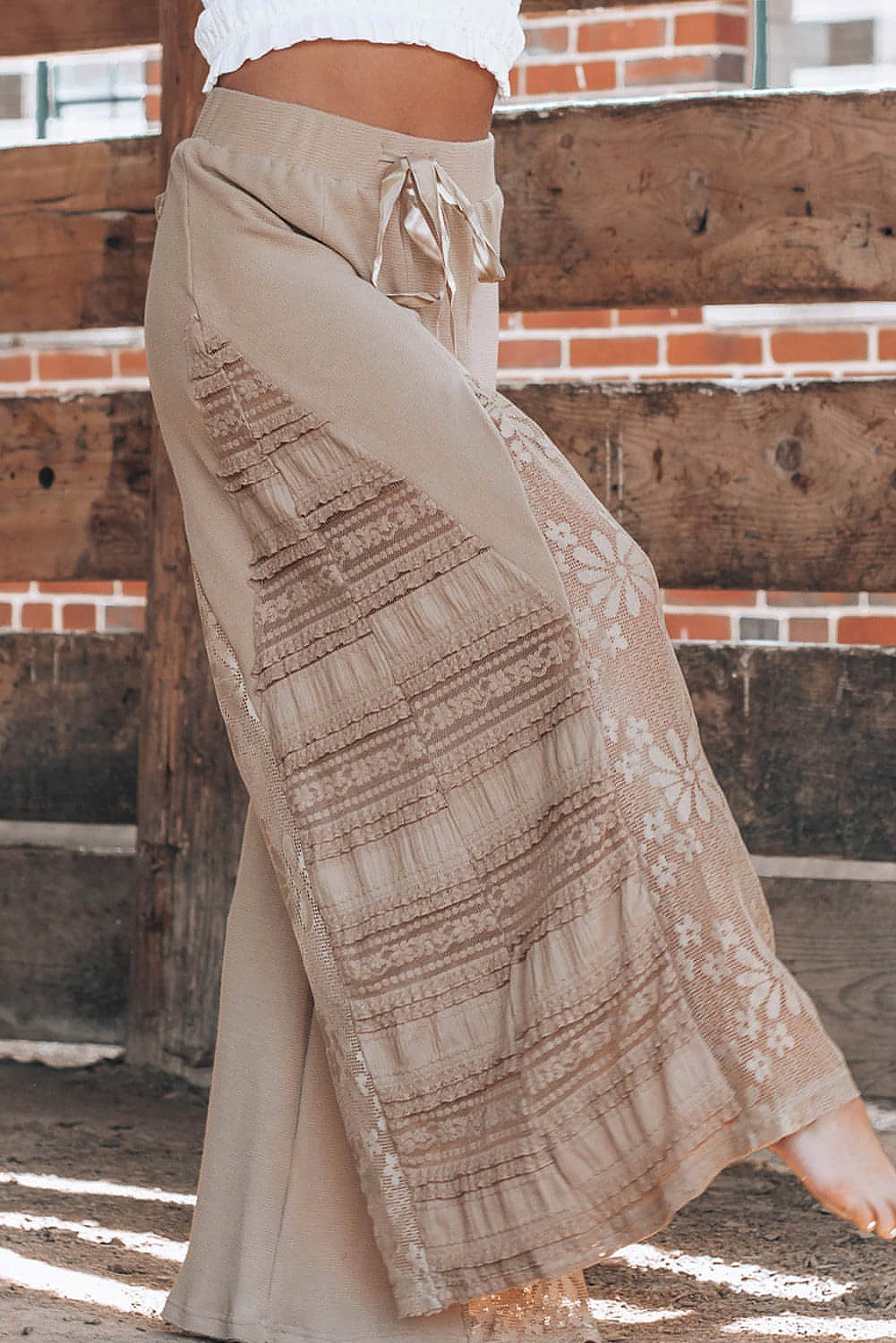Smoke Gray Boho Lace Patchwork Wide Leg High Waist Pants - enhanced image 3