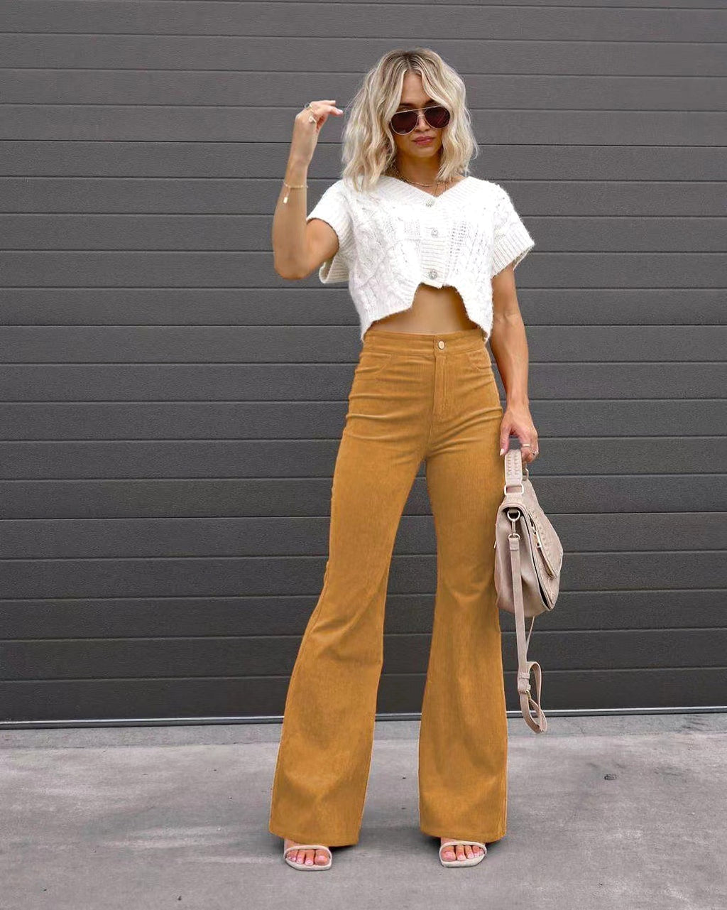 Solid Color Mid-waist Slim-fit Micro Flared Pants Corduroy - enhanced image 3