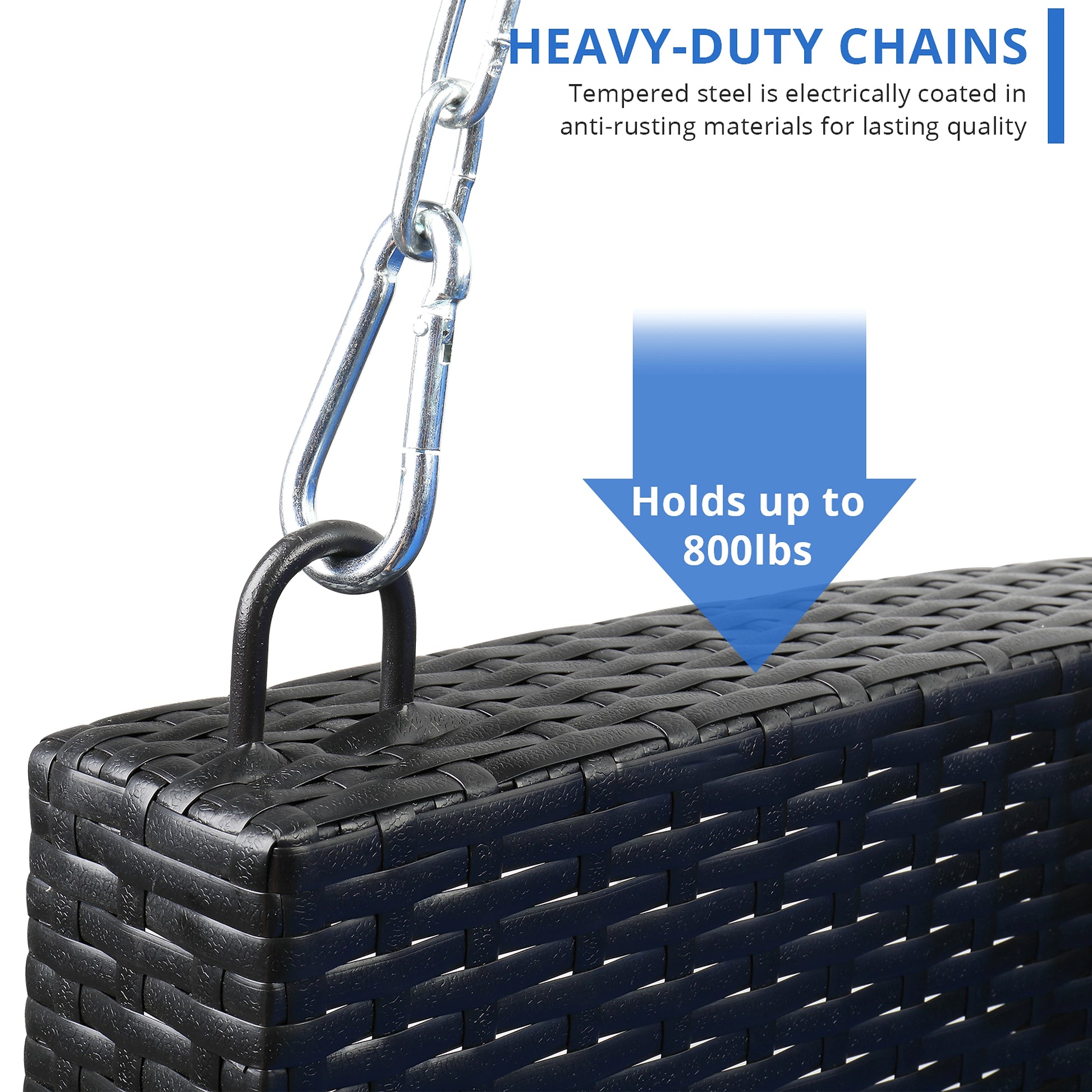 SolunaSwing™ – 4ft Black Rattan Hanging Chair with Blue Cushions - enhanced image 3