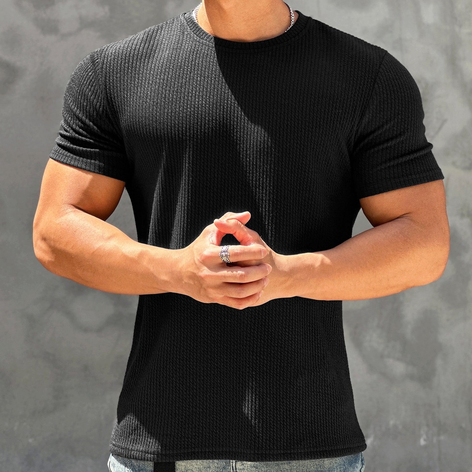 Sports And Fitness Short Sleeved Men's Textured Quick Drying T-shirt - enhanced image 3