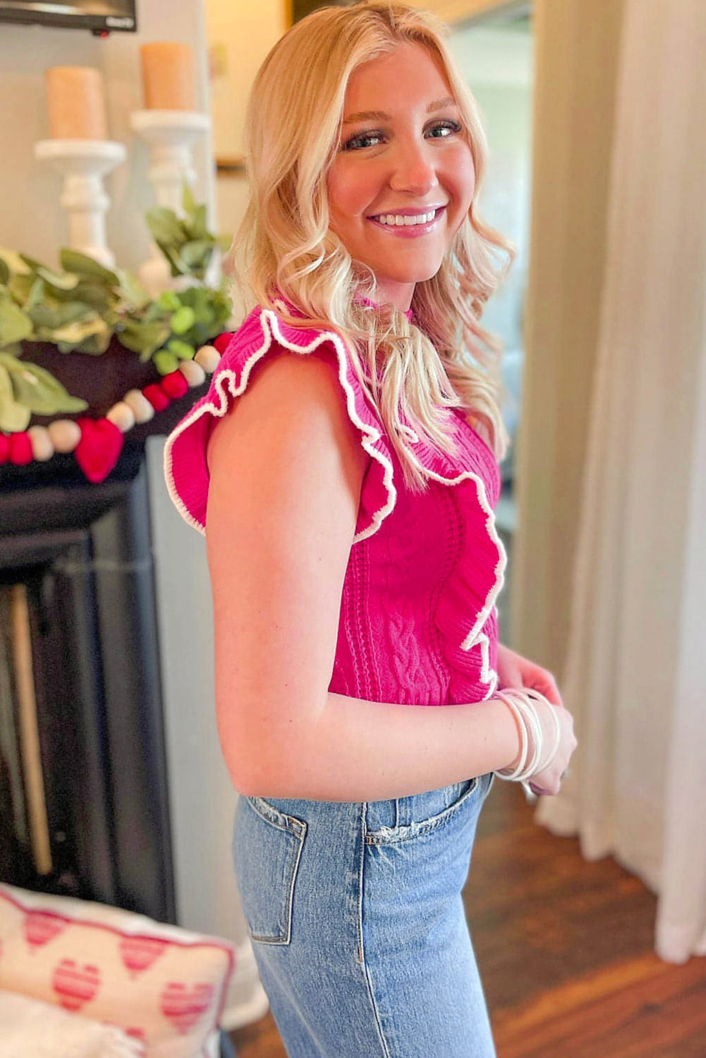 Strawberry Pink Textured Knit Ruffled Mock Neck Sweater Tank - enhanced image 3