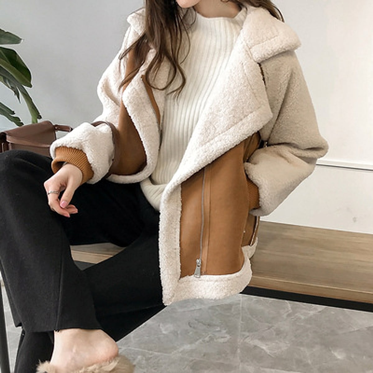 A.1 Suede Jacket Women Short Lamb Velvet Motorcycle Jacket - enhanced image 3