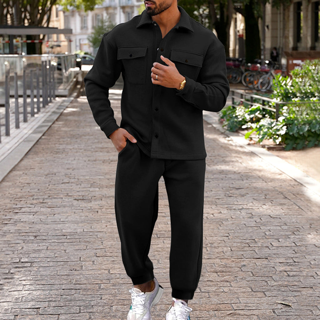 A Suede Single-breasted Solid Color Slim Fit Two-piece Suit Men (Tracksuit) - enhanced image 3