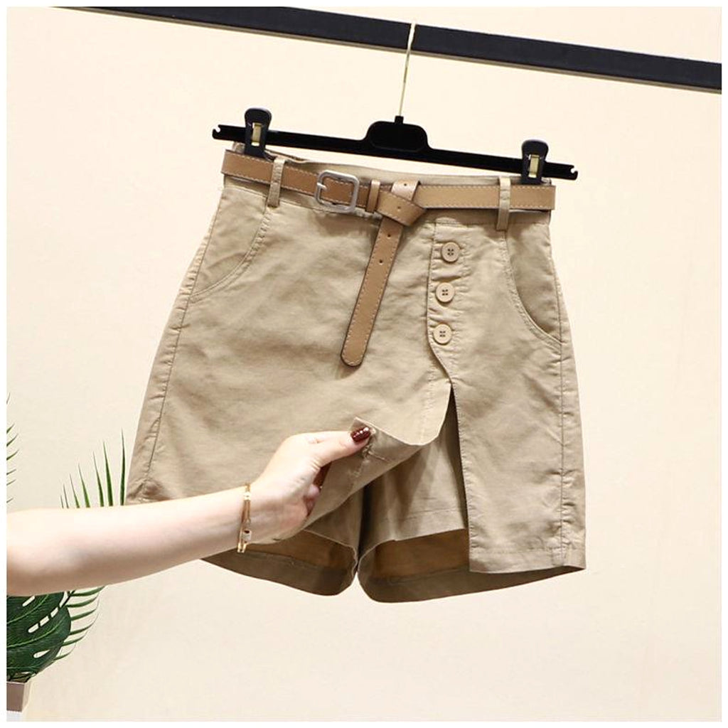 Summer New Button High Waist With Belt Cotton Shorts For Women Skirt - enhanced image 3