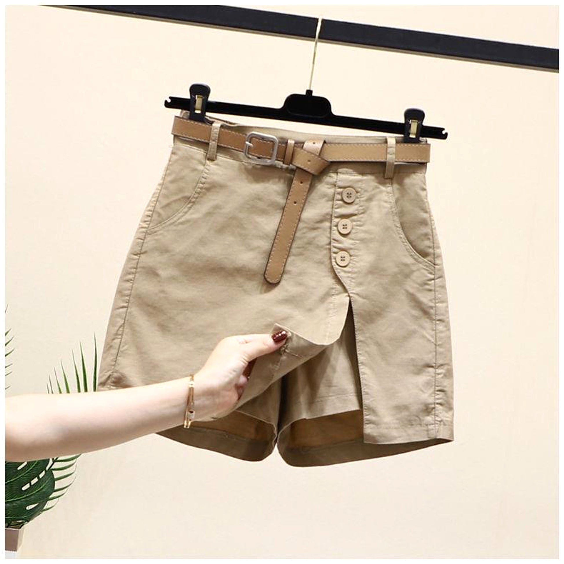 Summer New Button High Waist With Belt Cotton Shorts For Women Skirt - enhanced image 3