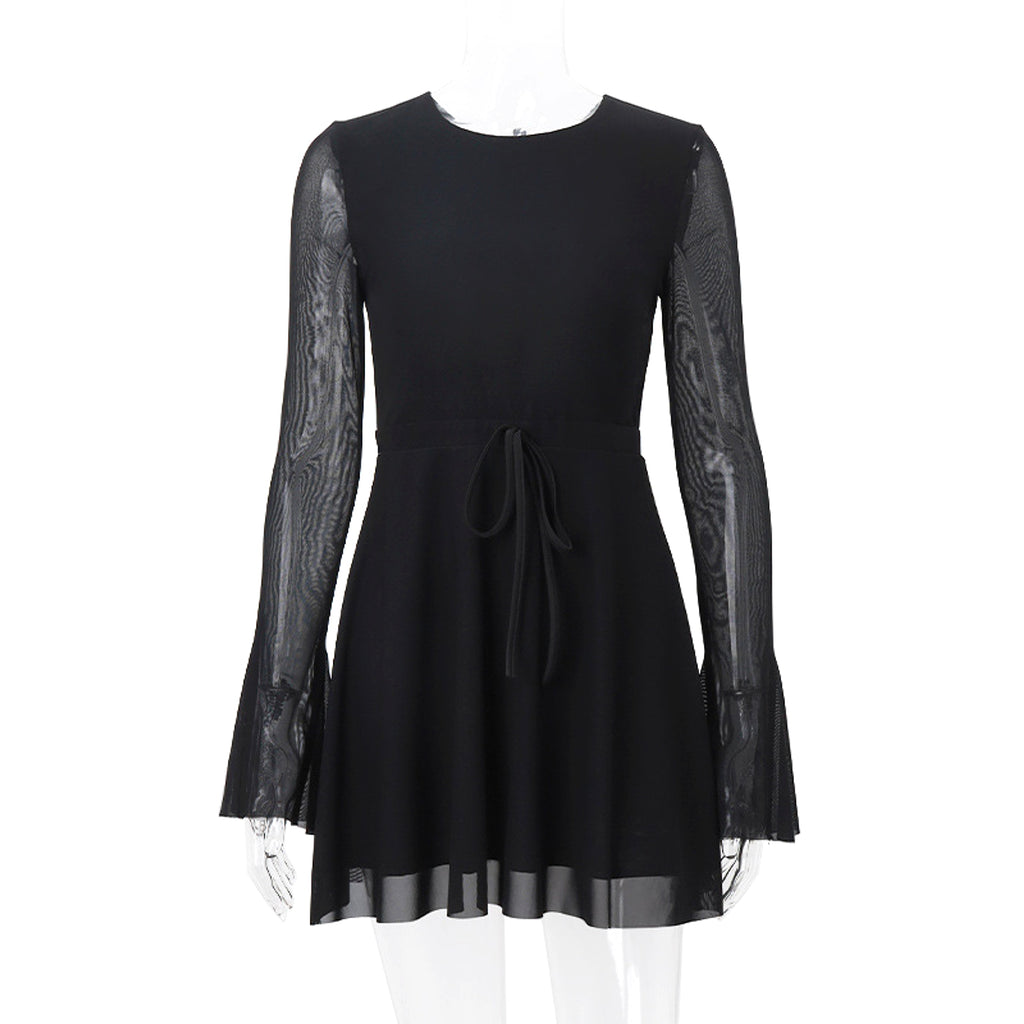 Temperament Crew Neck Horn Long Sleeve Mesh Dress Skinny Skirt - enhanced image 3