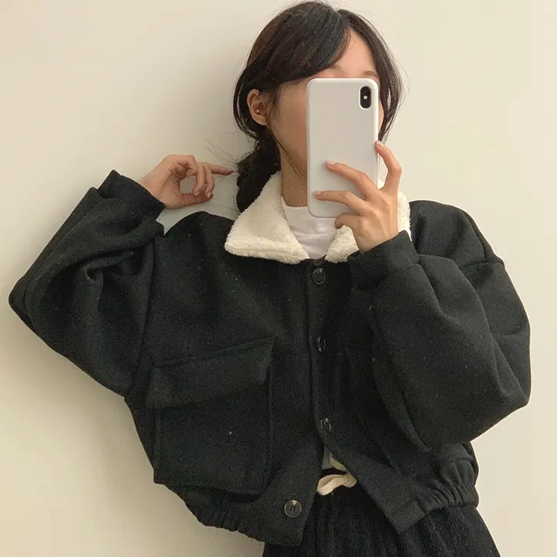 Thickened wool collar jumper for women with long sleeves and double pockets - enhanced image 3