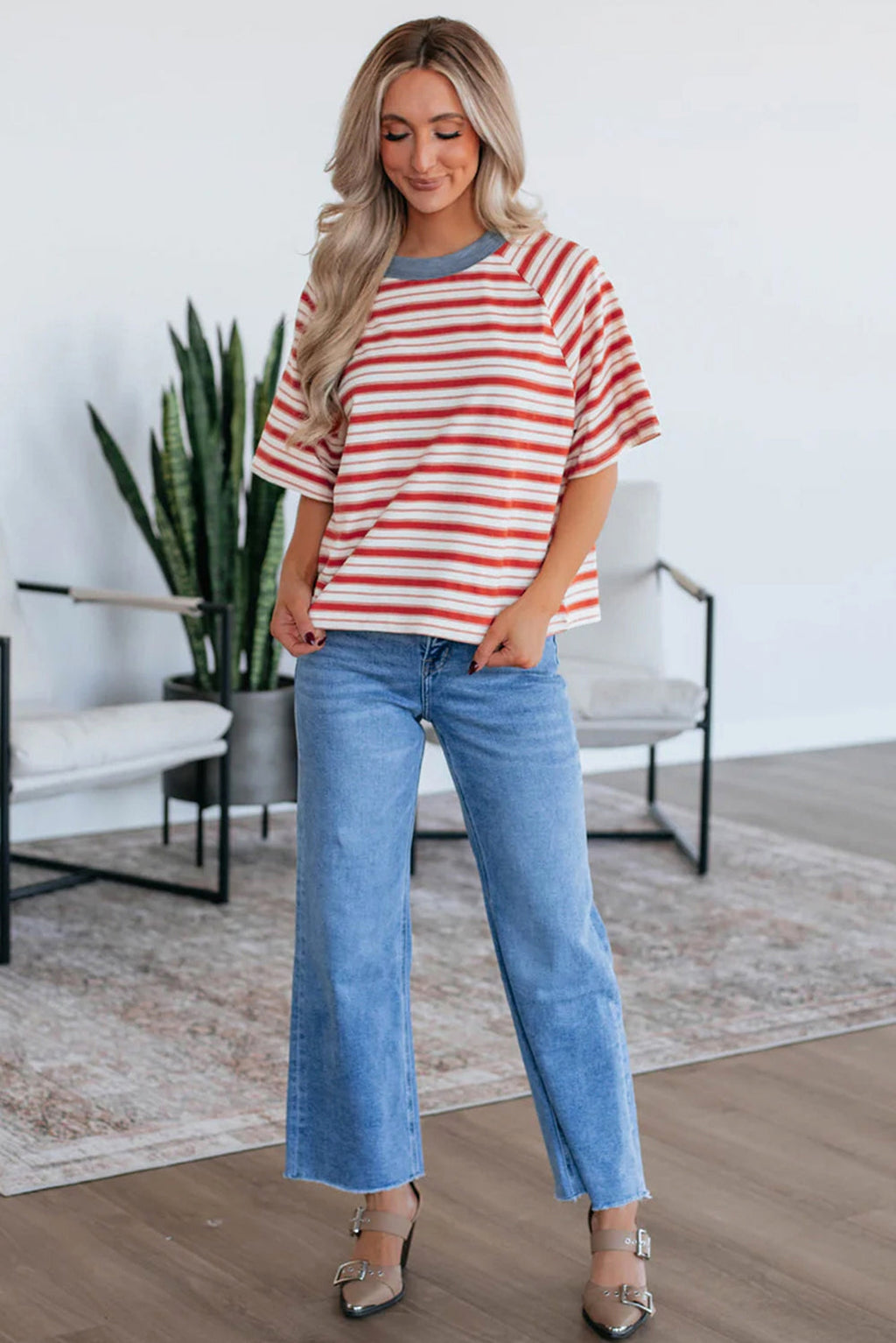Tomato Red Stripe Print Contrast Collar Raglan Sleeve T Shirt - enhanced image 3