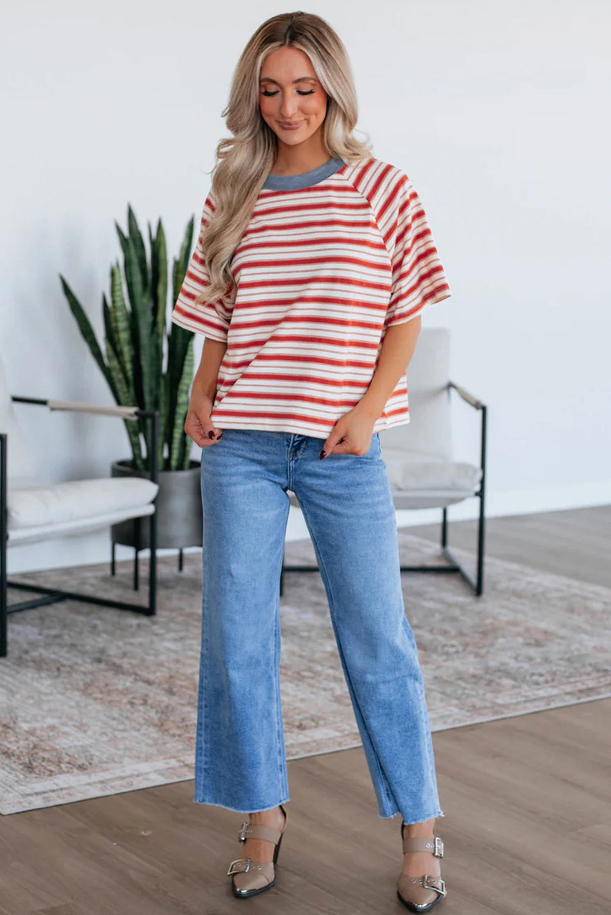 Tomato Red Stripe Print Contrast Collar Raglan Sleeve T Shirt - enhanced image 3