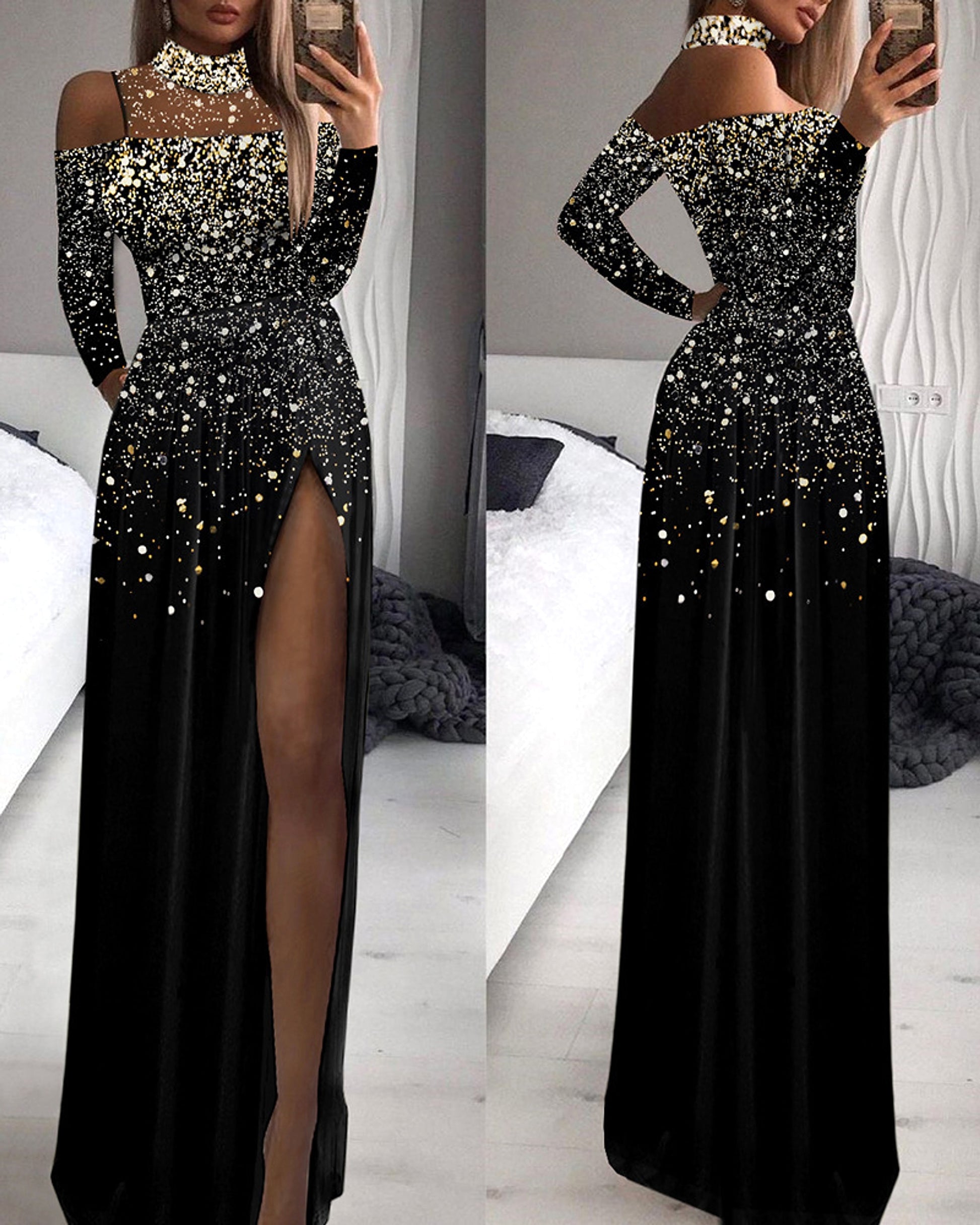 Trendy Shiny Mesh Dusting Powder Stitching High-end Elegant Jumpsuit - enhanced image 3