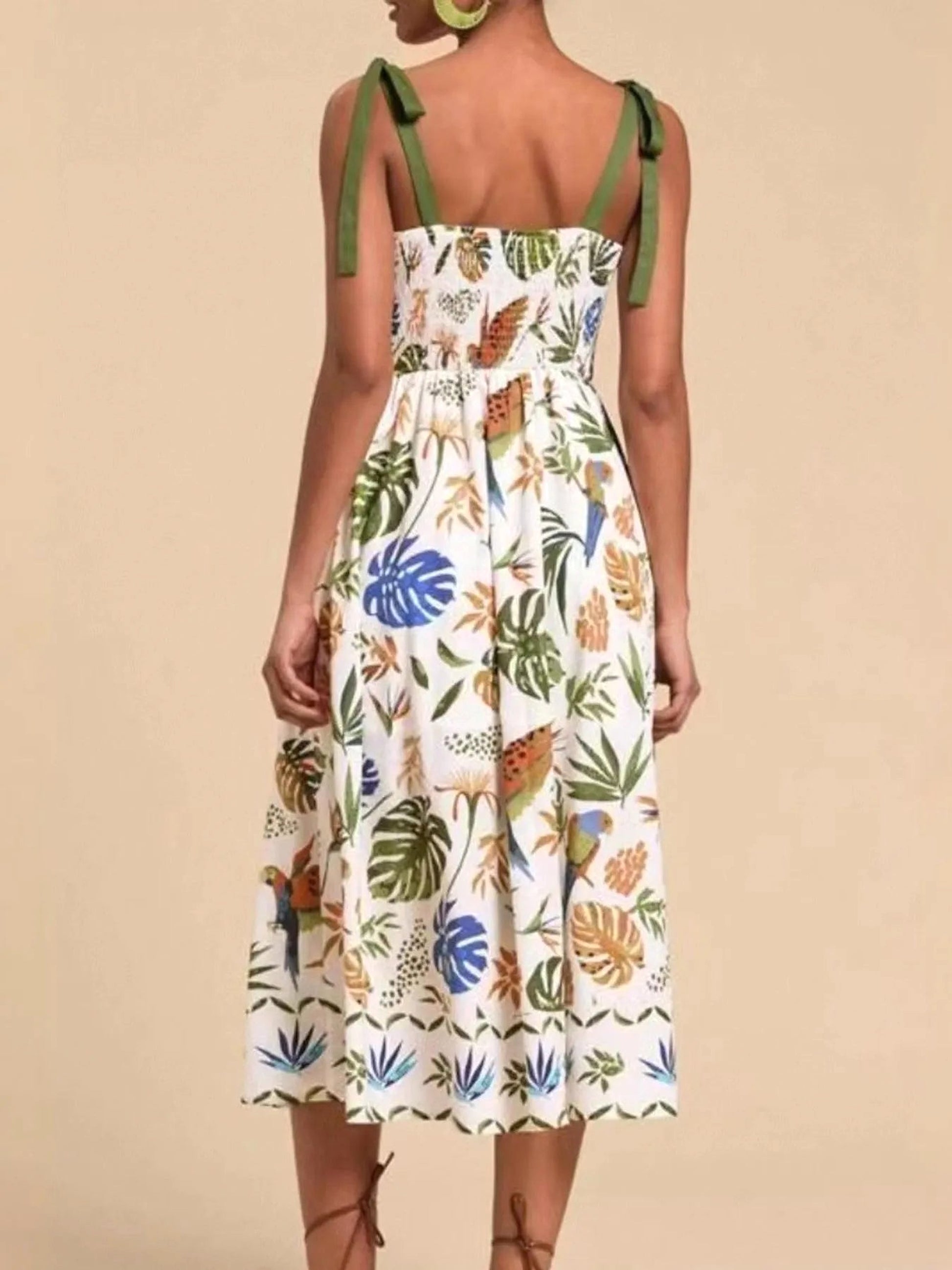 Tropical Print Tie-Shoulder Sweetheart Neck Midi Dress - enhanced image 3