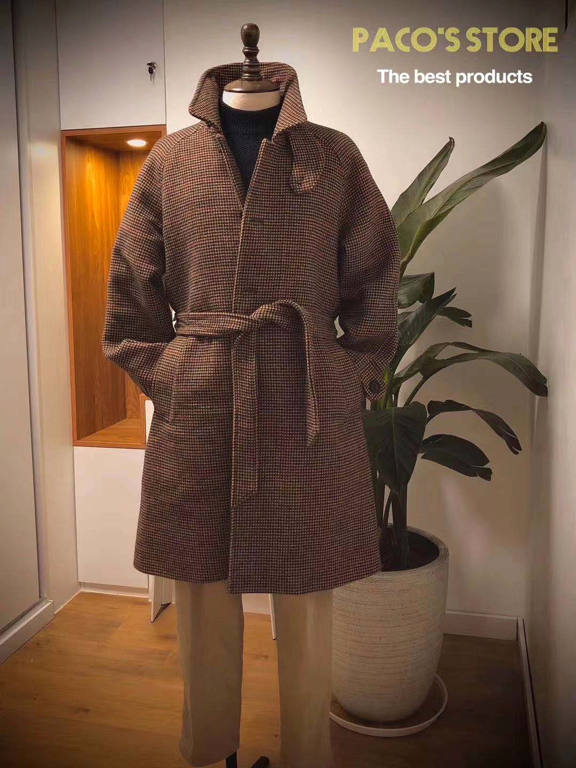 Vintage Gentleman Houndstooth Men's Clothing Woolen Trench Coat - enhanced image 3