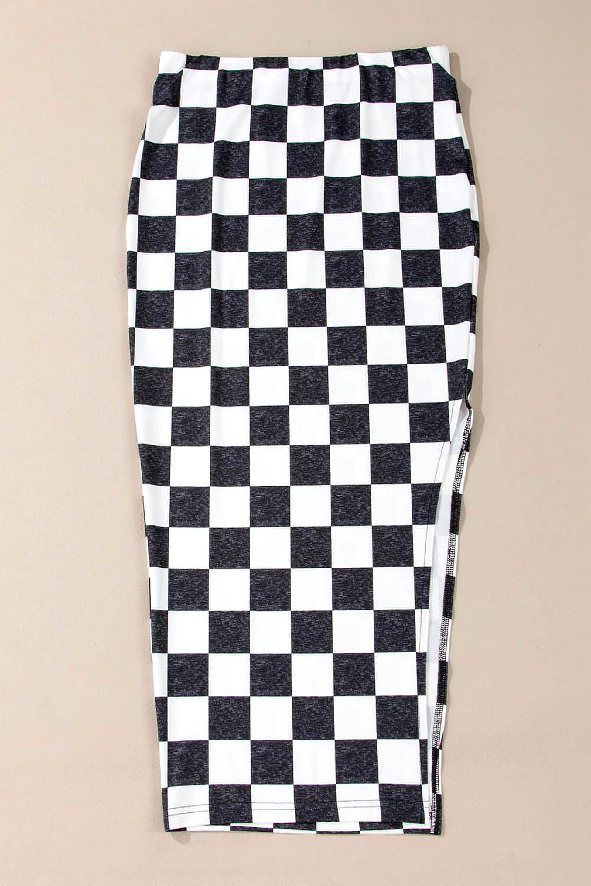 White Checkered Print Side Slit High Waist Midi Skirt - enhanced image 3