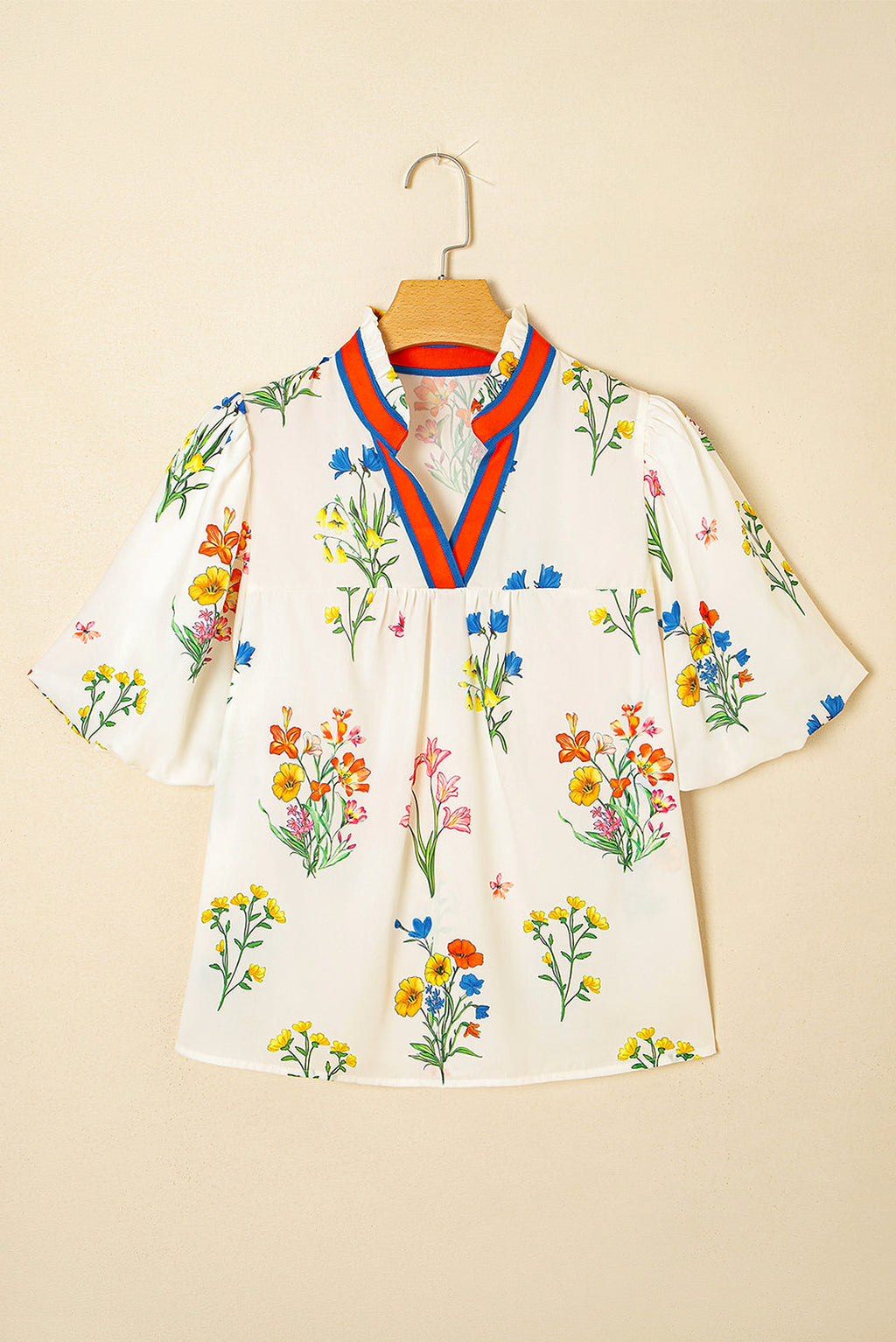 White Floral Short Puff Sleeve Contrast V Neck Print Blouse - enhanced image 3
