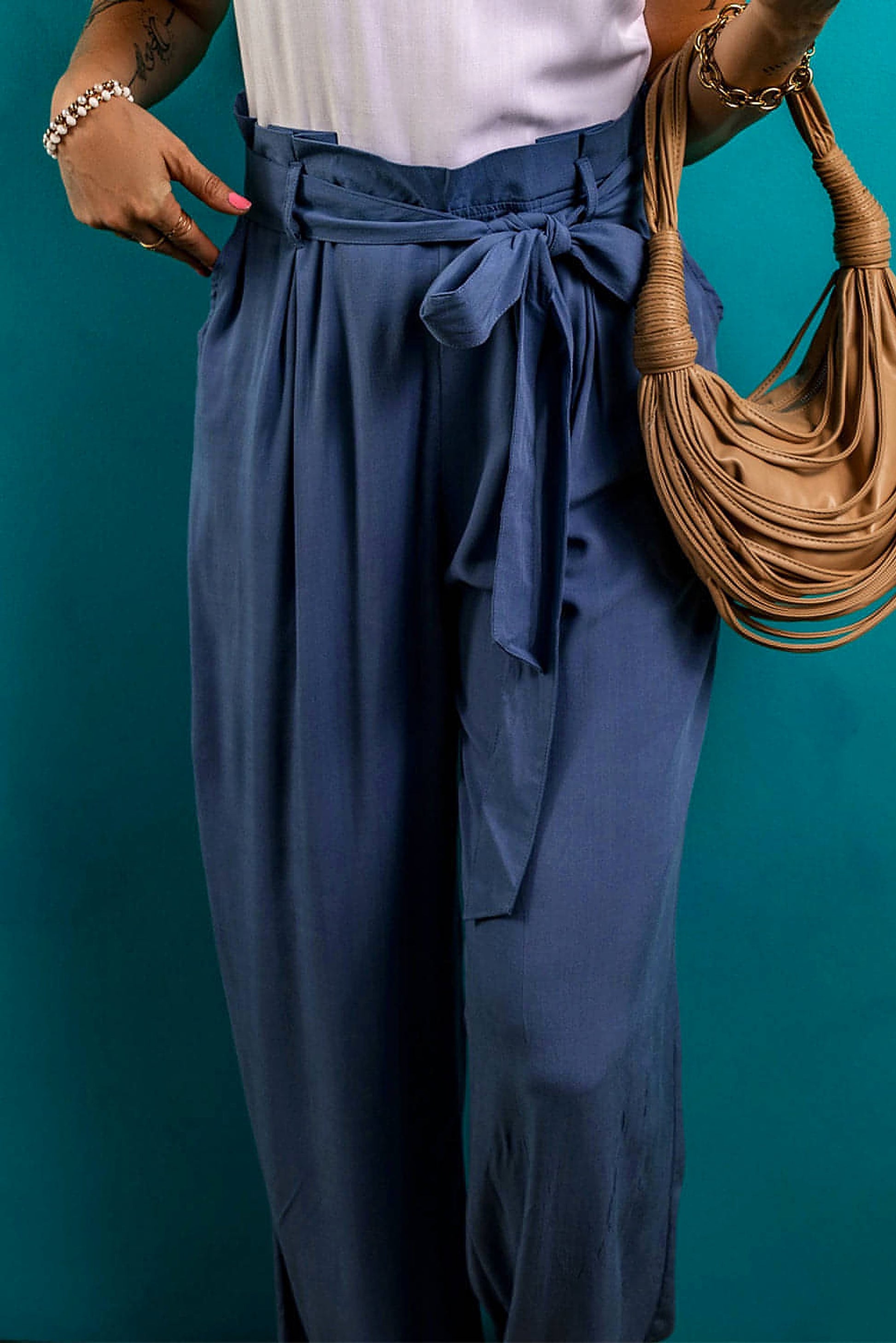 Wild Wind Belted Frilly Waist Wide Leg Loose Pants - enhanced image 3