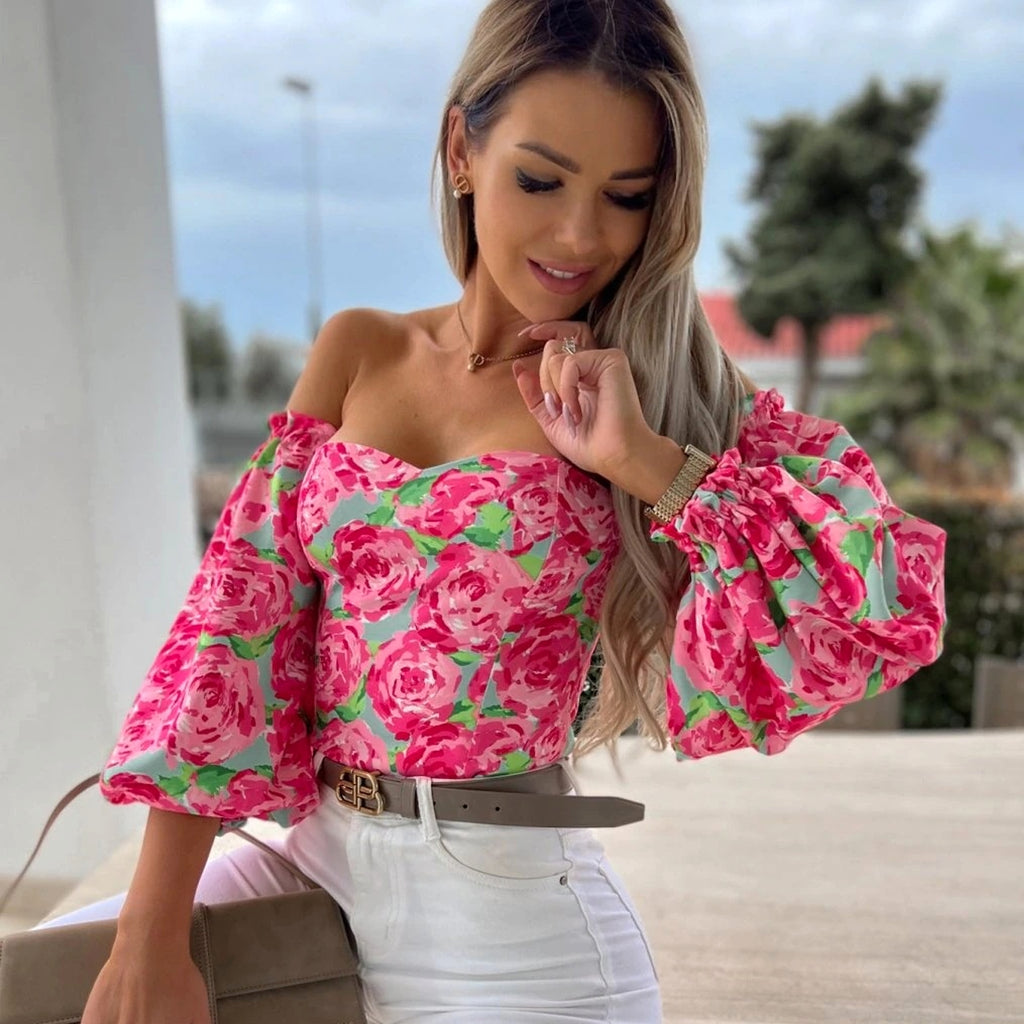 Lady Sexy Off-Shoulder Printed Shirt – Feminine Elegance Meets Casual Chic - enhanced image 3