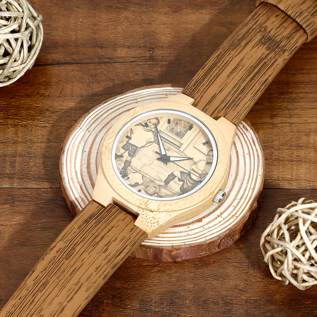 Engraved Bamboo Photo Watch Wooden Leather Strap 40mm - enhanced image 3