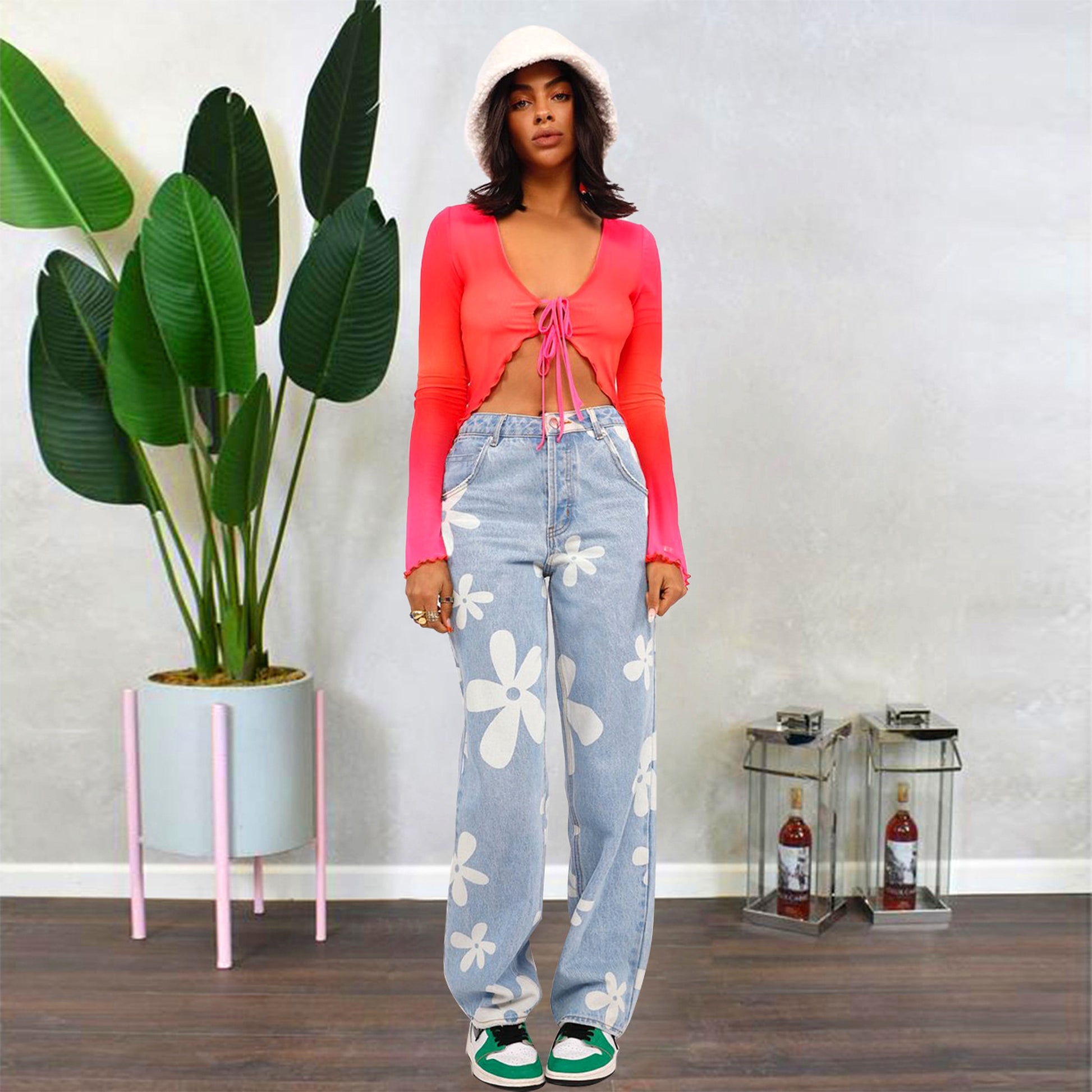Women's Fashionable Simple Printed Straight Jeans - enhanced image 3