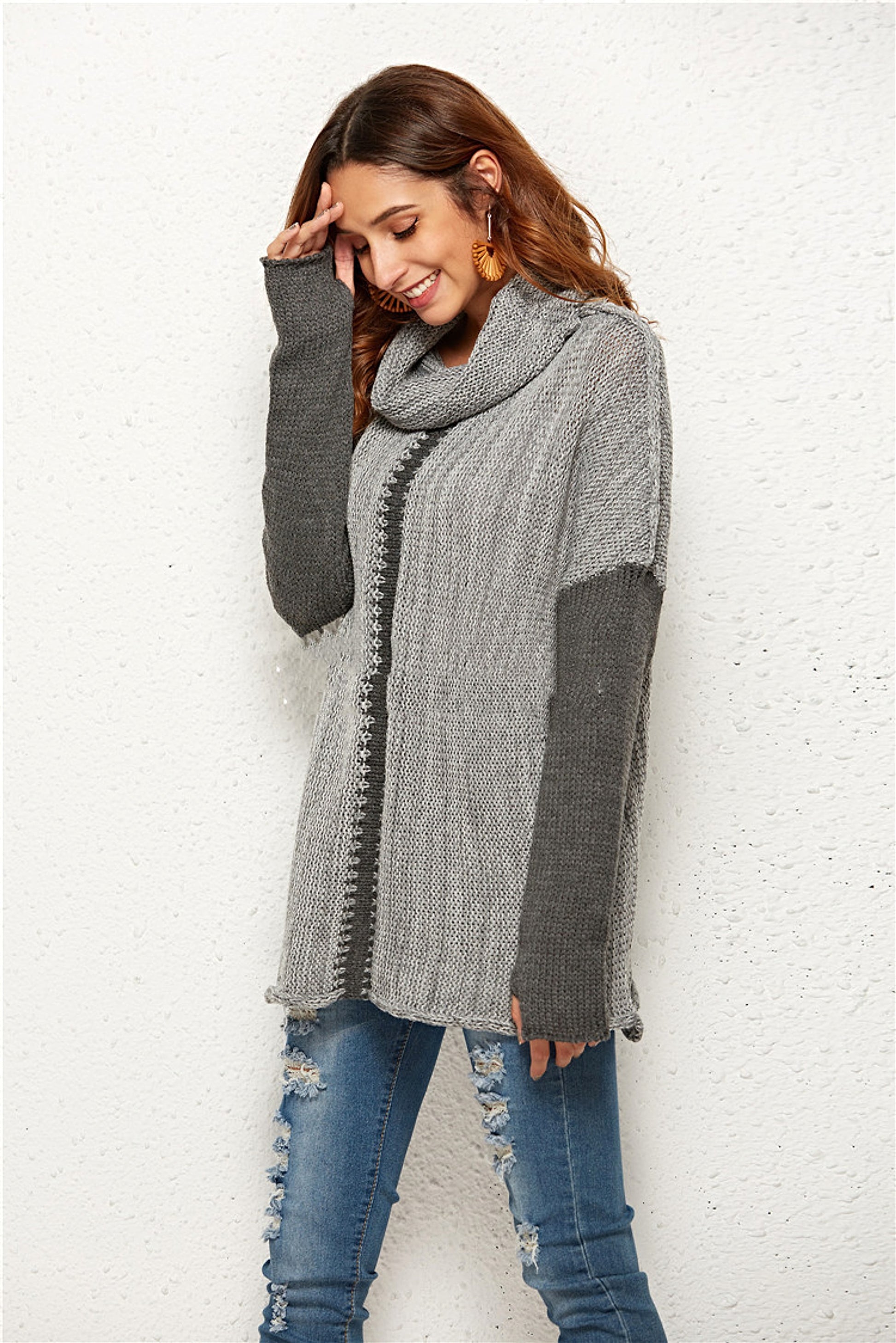 A1. Women's Knitted Pullover Sweater With Holes In Fingers - enhanced image 3