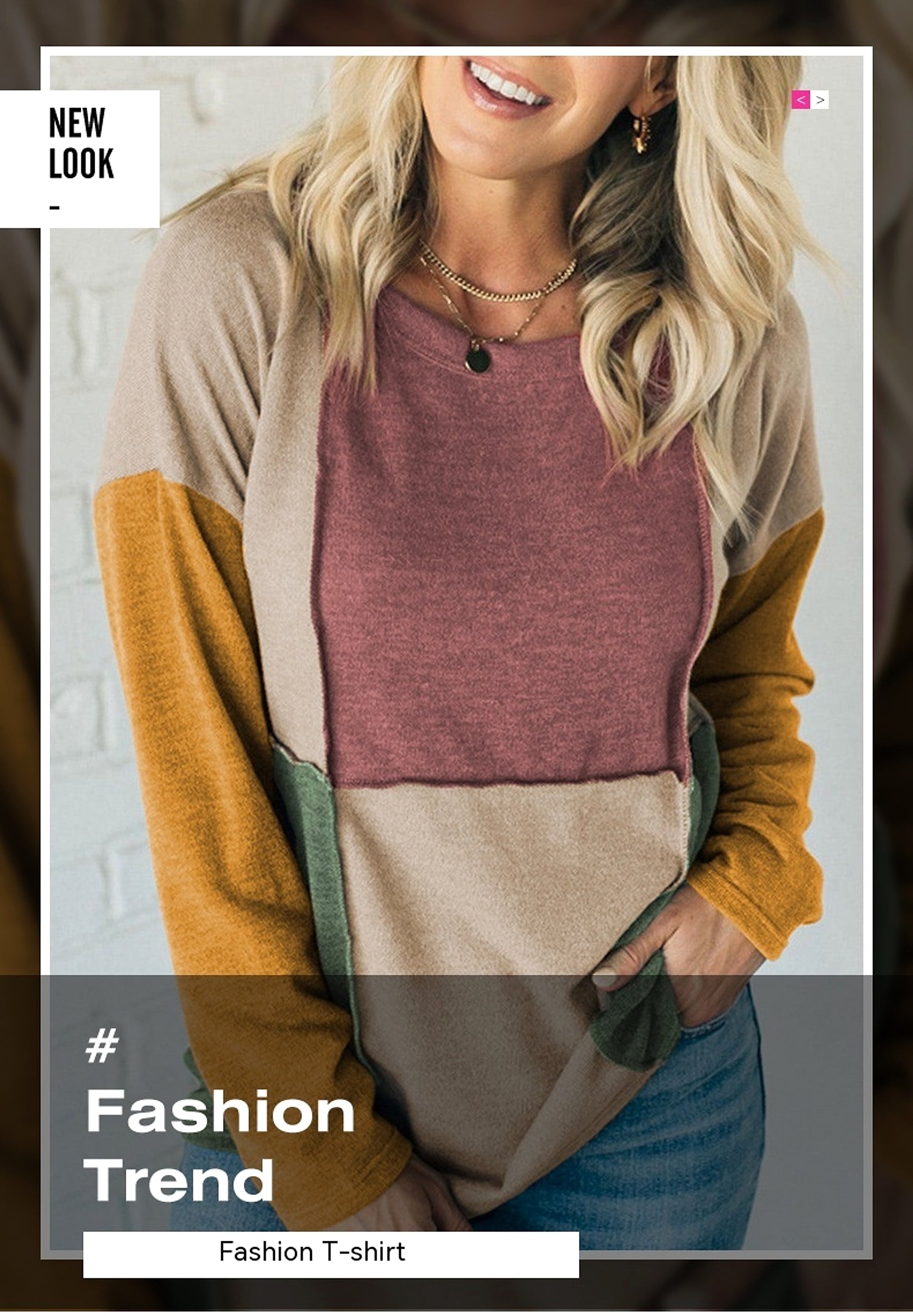 Women's Knitted Round Neck Irregular Contrast Color Long Sleeves Casual Top T-shirt - enhanced image 3