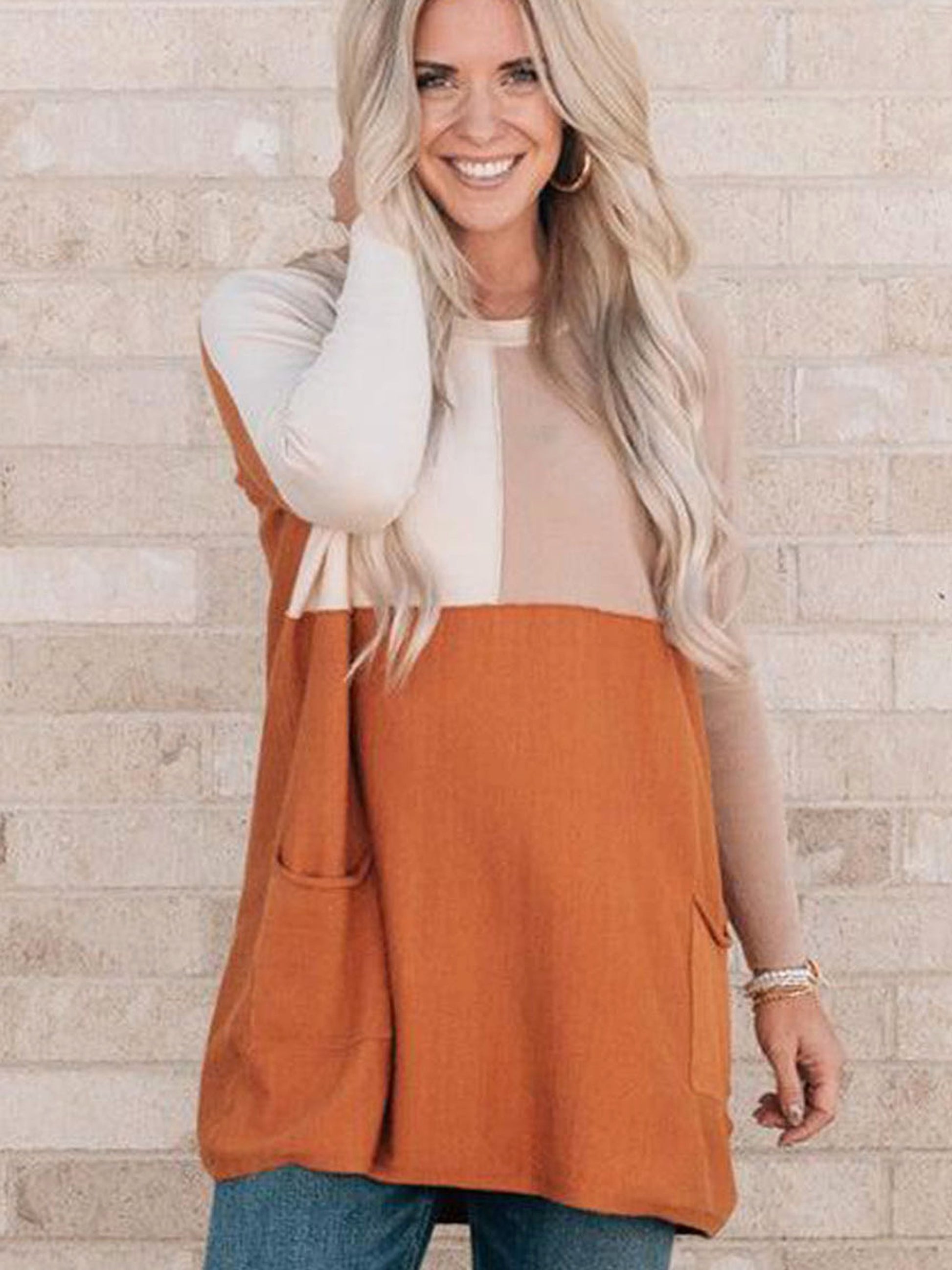 Women's Orange Pocket Color Matching Long-sleeved Top T-shirt - enhanced image 3