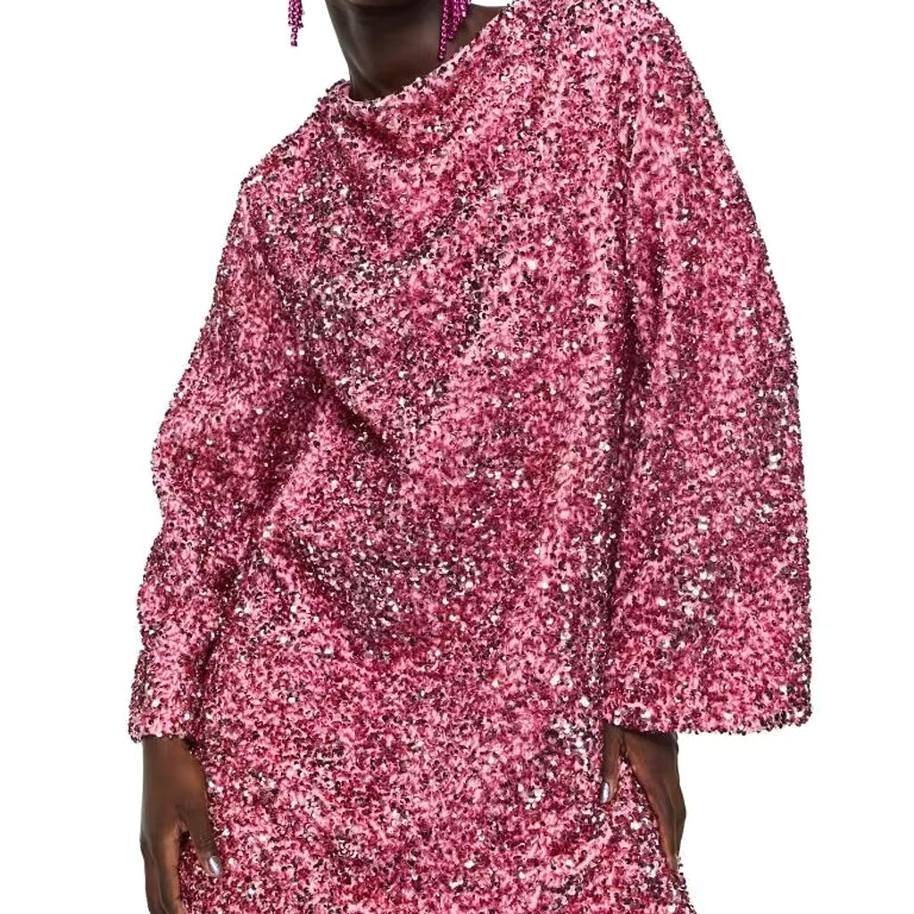 Women's Round Neck Long Sleeve Loose Sequins Short Spandex Dress - enhanced image 3