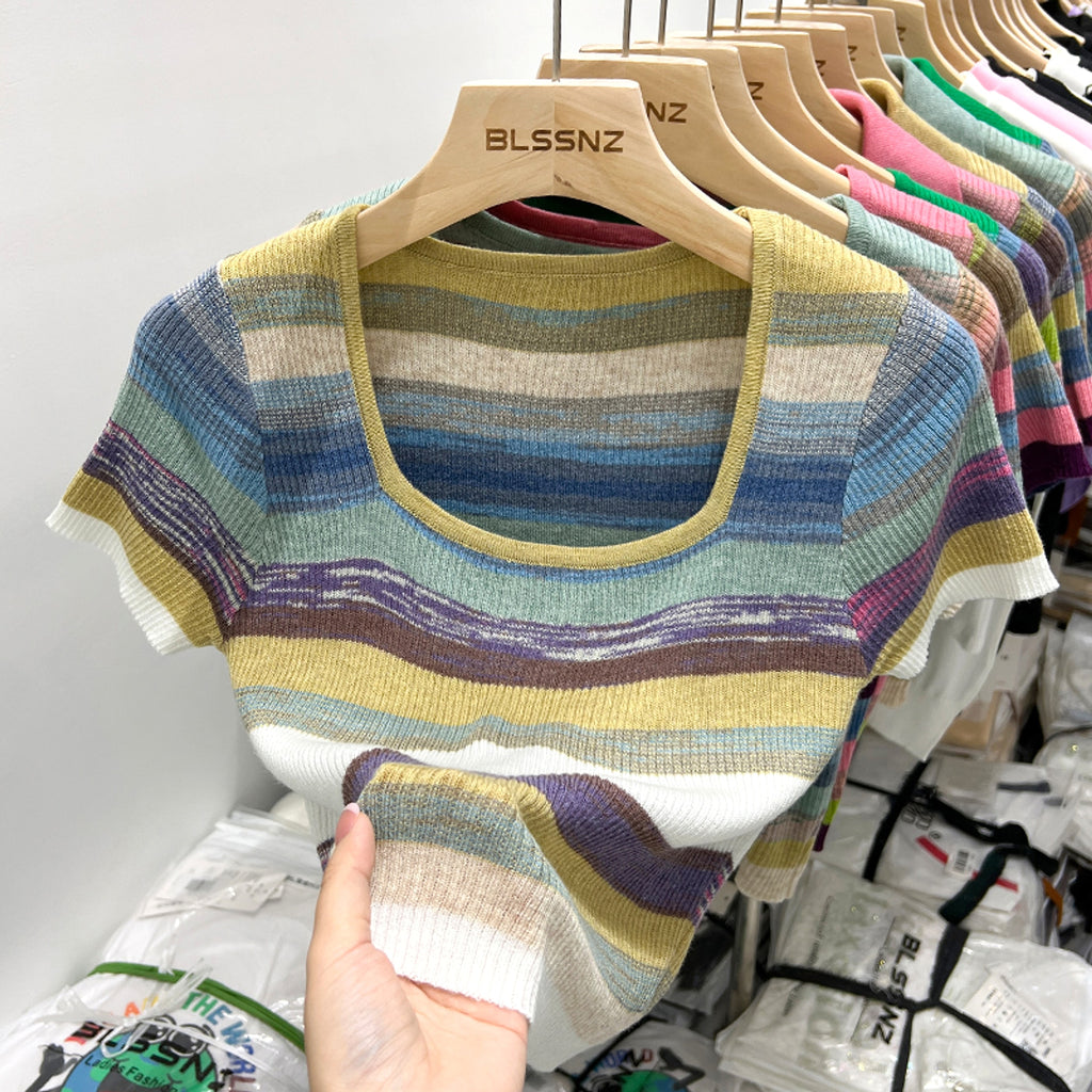 Women's Short Sleeve Square Collar Striped Ice Silk Knitted Sweater - enhanced image 3