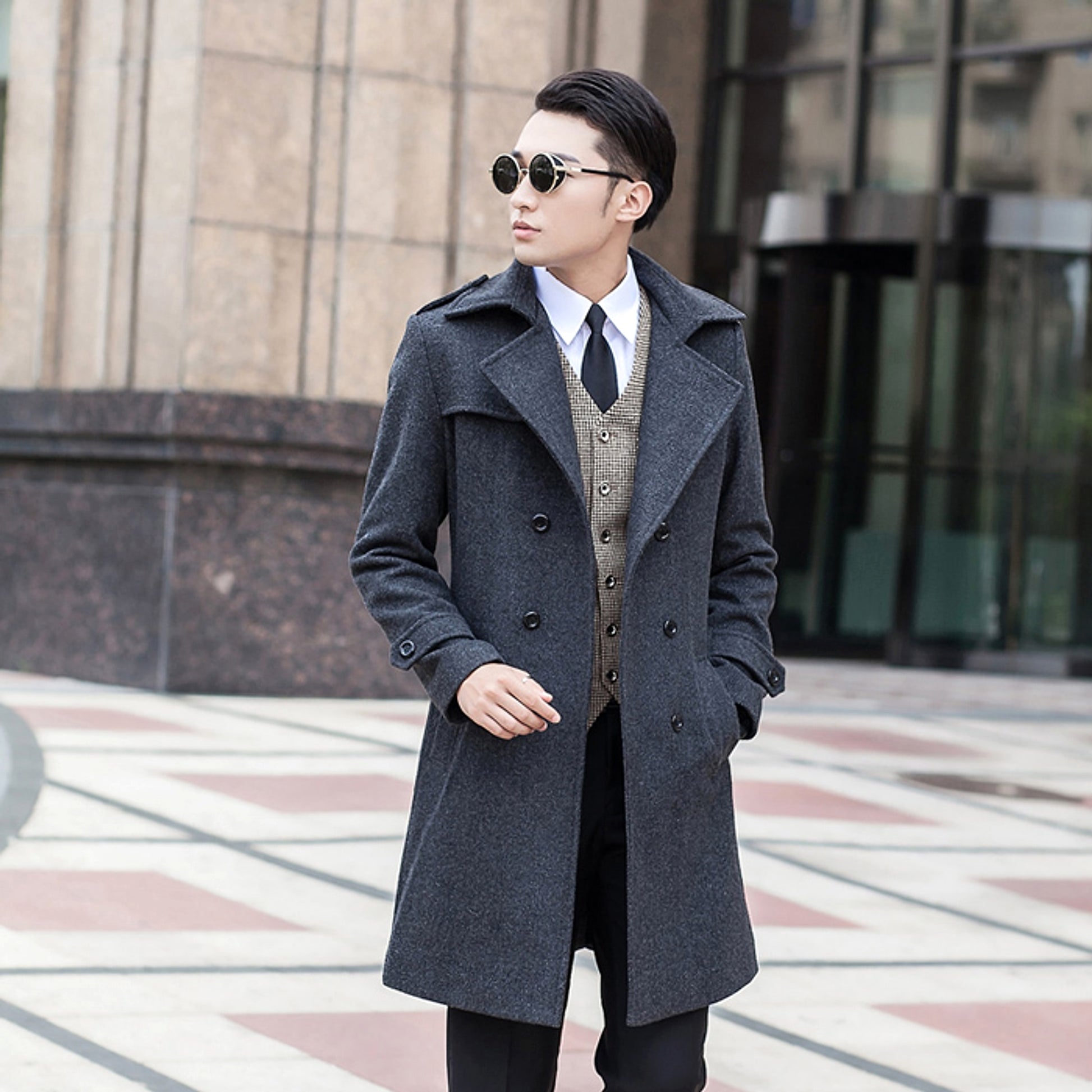 Woolen Striped Double Breasted Trench Coat Men - enhanced image 3