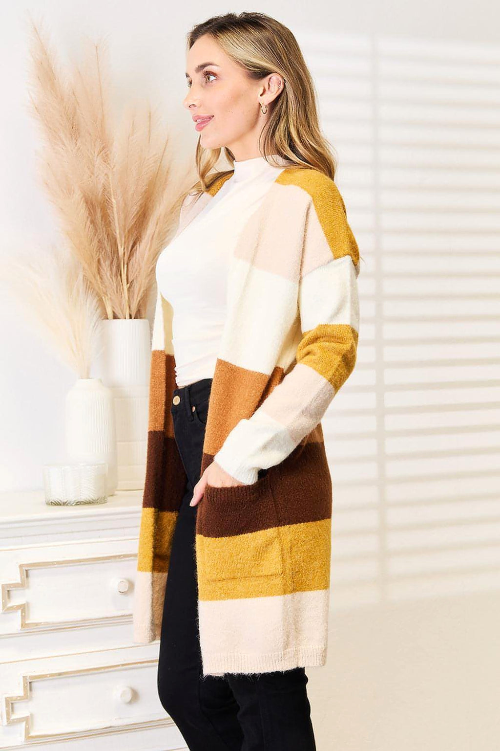 Woven Right Color Block Dropped Shoulder Cardigan - enhanced image 3