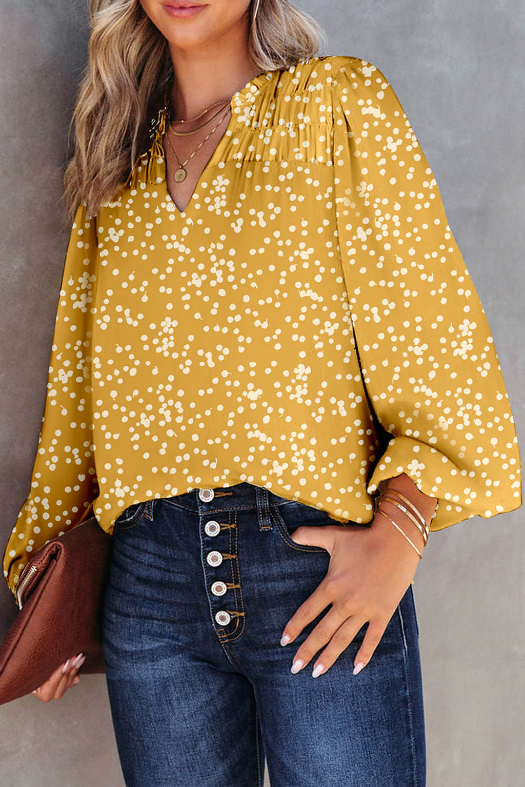 Yellow Split Neck Fall Printed Crinkled Blouse - enhanced image 3